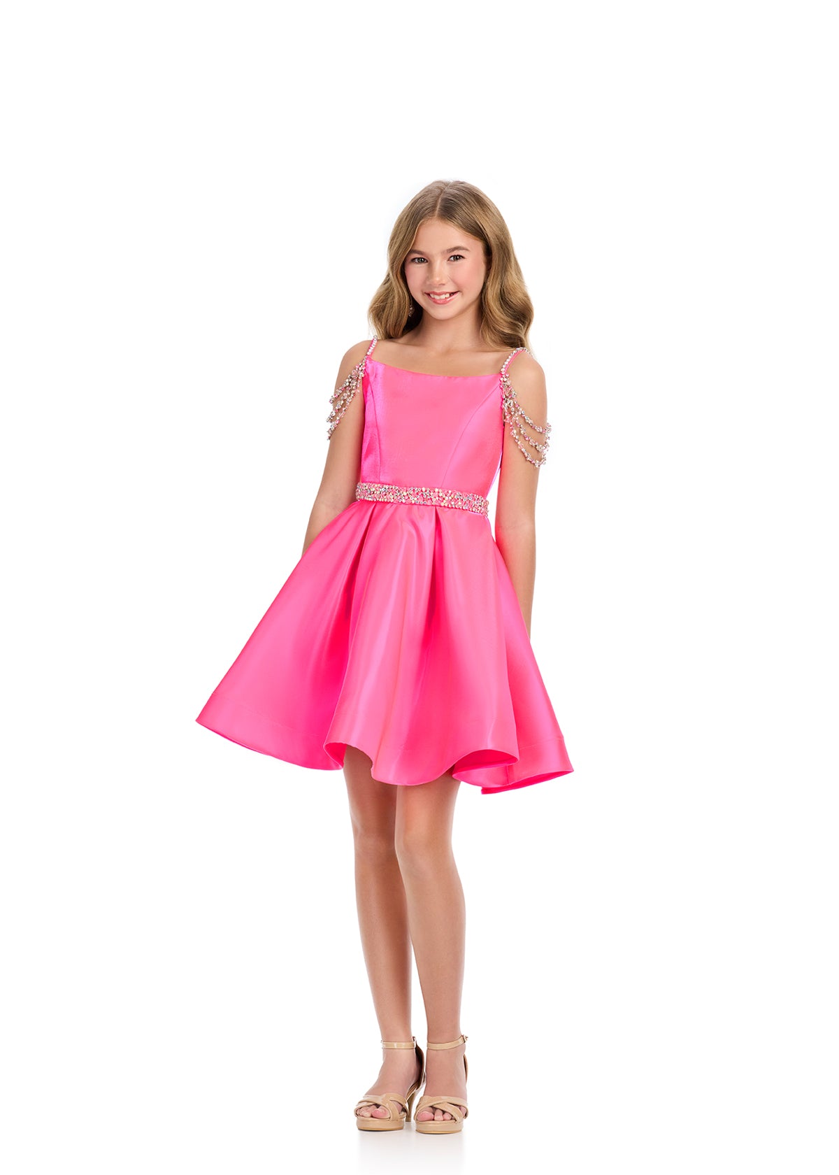 This Ashley Lauren Girls 8277 short cocktail dress is perfect for pageants, formals, and special occasions. Featuring an off the shoulder neckline and shimmering satin fabric, it exudes elegance and sophistication. Ideal for girls who want to stand out in style. Off the shoulder crystal triple straps with Crystal waistband. Flared A Line skirt.