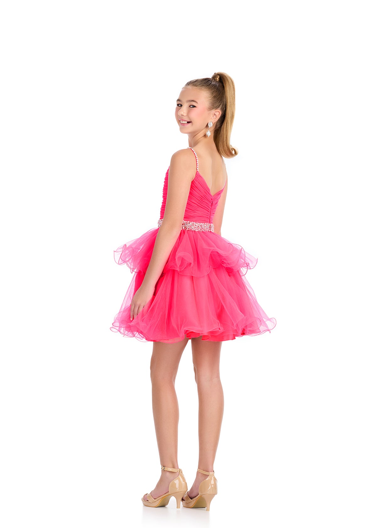 Elevate your little girl's special occasion style with the Ashley Lauren 8279 Girls Short Tulle Cocktail Dress. This stunning dress features delicate embellished spaghetti straps and waistline, adding a touch of glamour to the classic tulle design. Perfect for any formal event or celebration, this dress is a must-have for your child's wardrobe.

Colors:&nbsp; Red, Black, Neon Pink, White

Sizes:&nbsp; 2-16