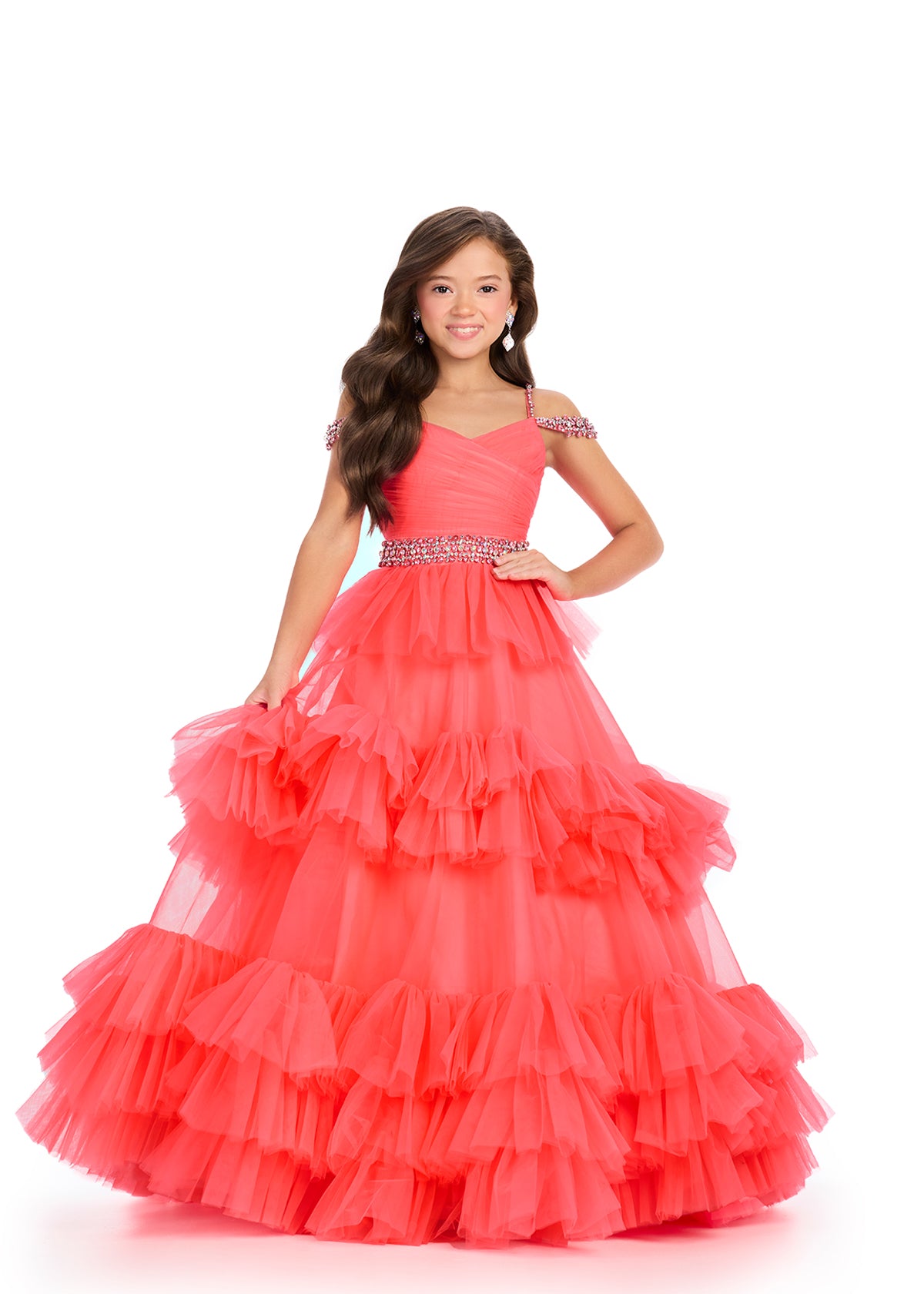 Ashley Lauren 8281&nbsp; Get ready to twirl and dance all night in this Ashley Lauren girls ruffled organza ballgown! The off-shoulder straps add a touch of elegance, while the playful ruffles make this dress truly unique. Get ready to be the belle of the ball!

Sizes: 2-16