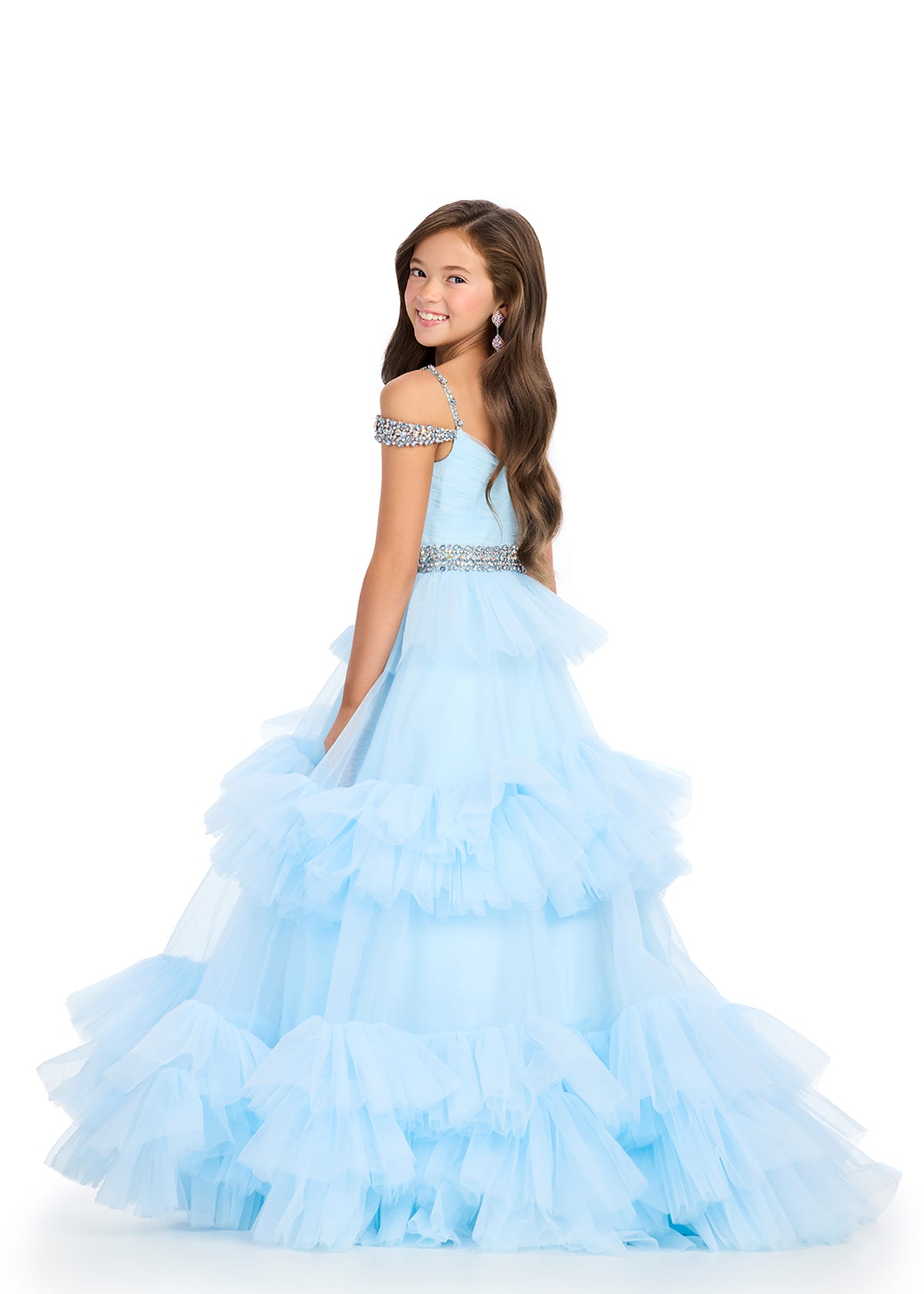 Ashley Lauren 8281&nbsp; Get ready to twirl and dance all night in this Ashley Lauren girls ruffled organza ballgown! The off-shoulder straps add a touch of elegance, while the playful ruffles make this dress truly unique. Get ready to be the belle of the ball!

Sizes: 2-16