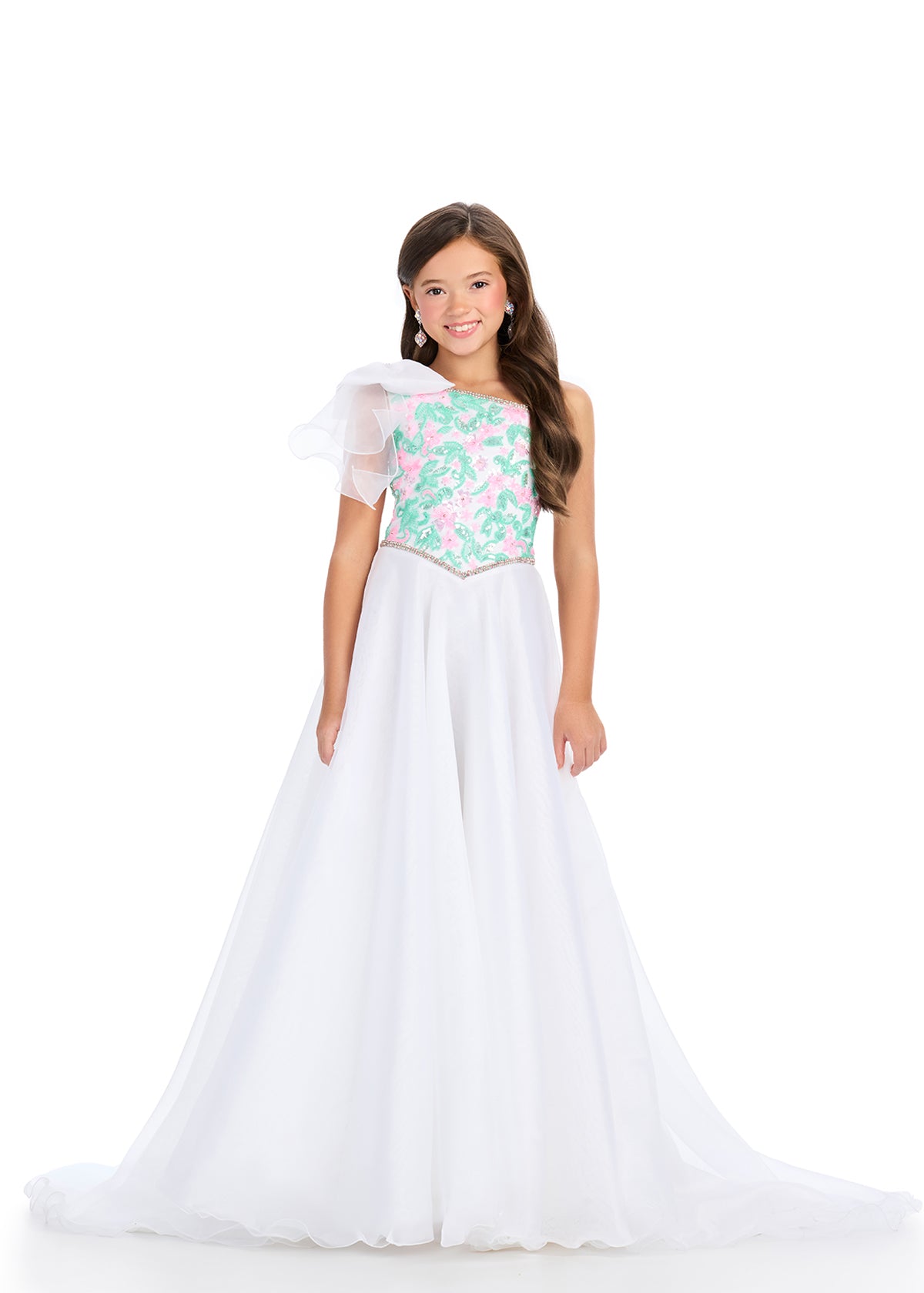 Designed for pageantry, the Ashley Lauren Kids 8300 Girls Beaded Pageant Dress features intricate beading and a one-shoulder design with a bow. The A-line ballgown silhouette adds a touch of sophistication for your little princess. Get ready to shine brighter than ever! This gorgeous ball gown features a fully beaded bustier, one shoulder neckline and adorable oversized bow. Complete with a fabulous organza skirt, this dress is sure to capture the spotlight!

One Shoulder
Beaded Bustier
A-Line
Organza Skirt