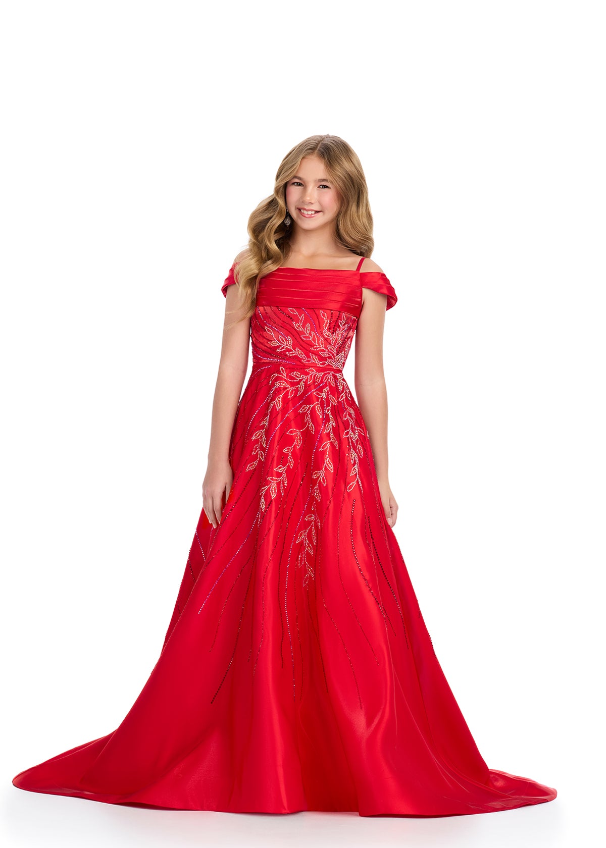 The Ashley Lauren Kids 8317 Girls Long Satin Pageant Dress is perfect for any teen ready to dazzle on stage. The off-the-shoulder design and crystal embellishments add a touch of glamour, while the luxurious satin fabric ensures comfort and style. Elevate any pageant look with this stunning gown.&nbsp;This satin off the shoulder ball gown is giving us major princess vibes. Embellished with an intricate bead pattern giving way to the stunning a-line skirt with a long fabulous train. We are obsessed!

Off Sho