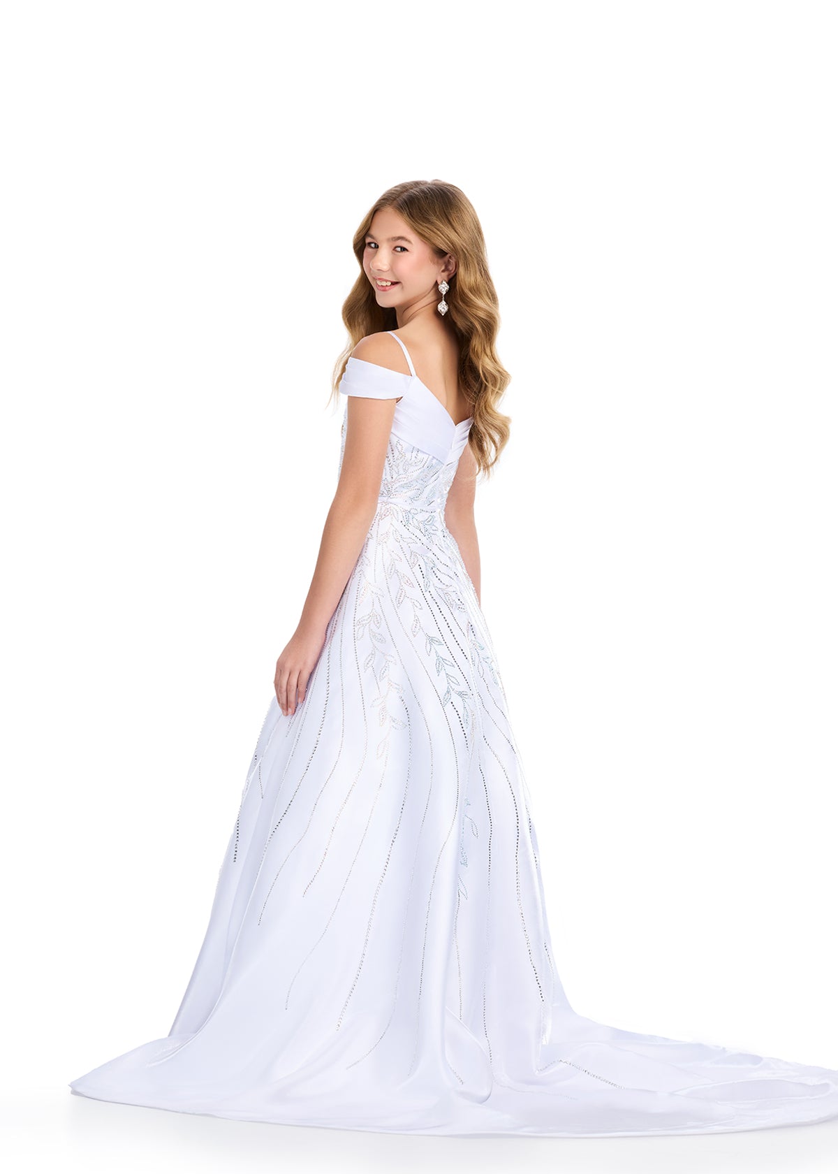 The Ashley Lauren Kids 8317 Girls Long Satin Pageant Dress is perfect for any teen ready to dazzle on stage. The off-the-shoulder design and crystal embellishments add a touch of glamour, while the luxurious satin fabric ensures comfort and style. Elevate any pageant look with this stunning gown.&nbsp;This satin off the shoulder ball gown is giving us major princess vibes. Embellished with an intricate bead pattern giving way to the stunning a-line skirt with a long fabulous train. We are obsessed!

Off Sho