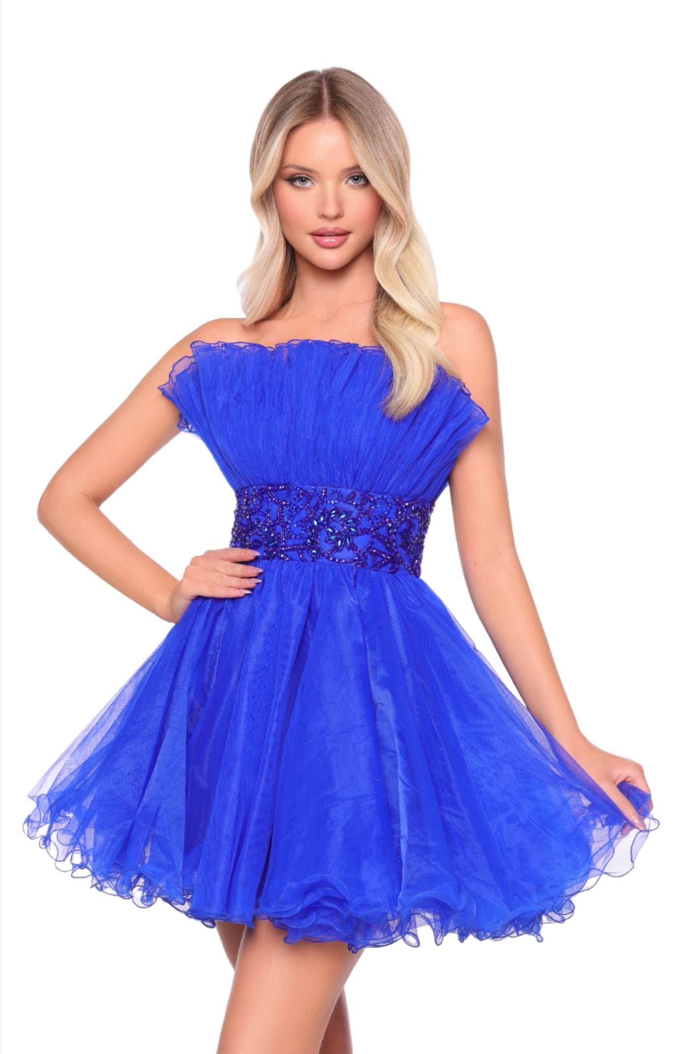 Introducing the Amarra 88038 Short Tulle A Line Homecoming Dress. This beautifully designed strapless gown features pleated tulle fabric for a sophisticated look. Perfect for any formal occasion, this dress is sure to make a statement. Expertly crafted with high-quality materials, this A-line dress will make you feel confident and elegant. This strapless tulle dress features a crinkly texture with gathered detail across the top.