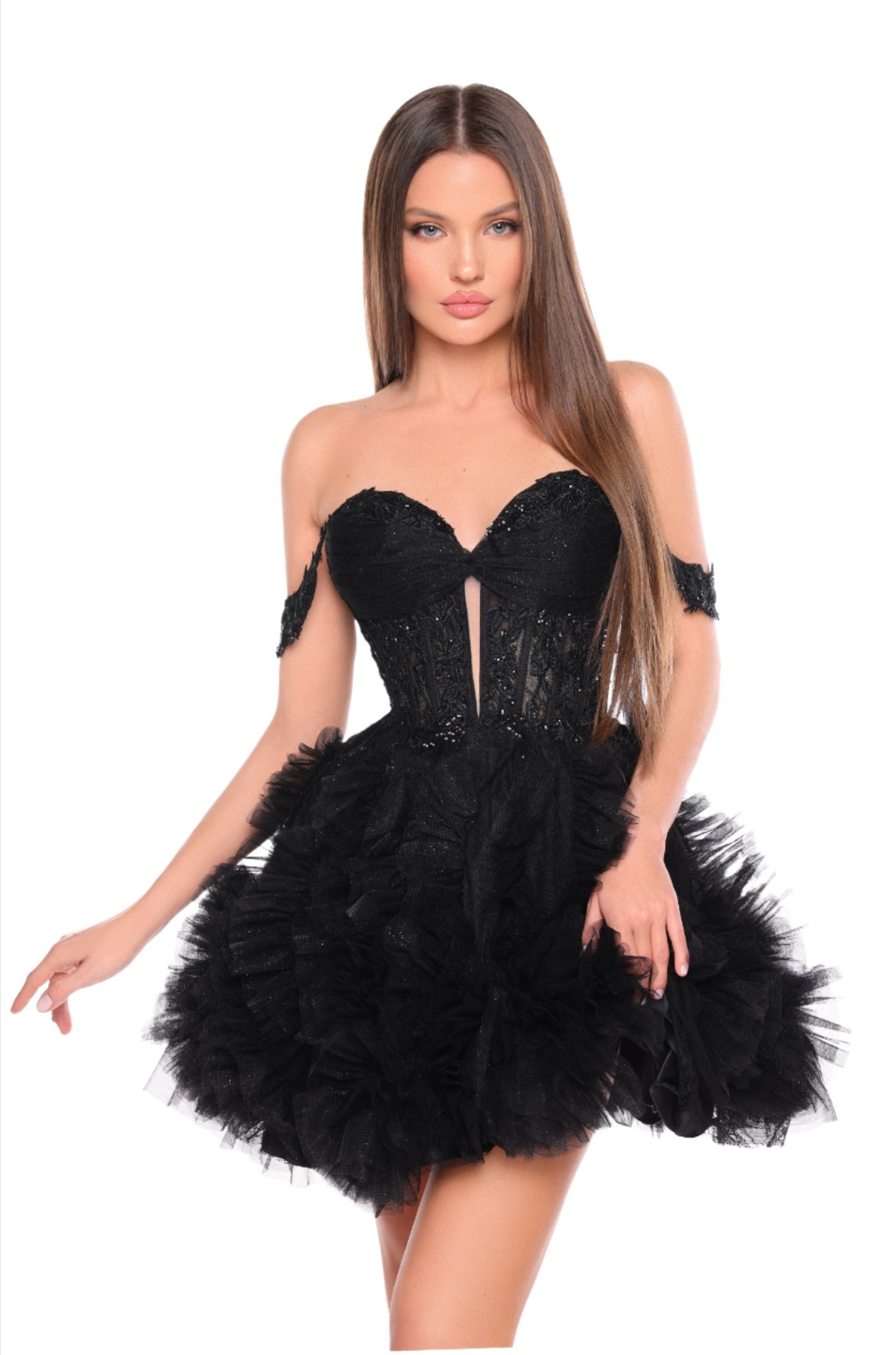 Expertly crafted for your special night, the Amarra 88064 Short Shimmer Lace Corset Homecoming Dress effortlessly combines shimmering lace with an elegant off-the-shoulder design. The corset-style bodice cinches at the waist for a flattering silhouette, while the ruffled cocktail dress adds a touch of romance