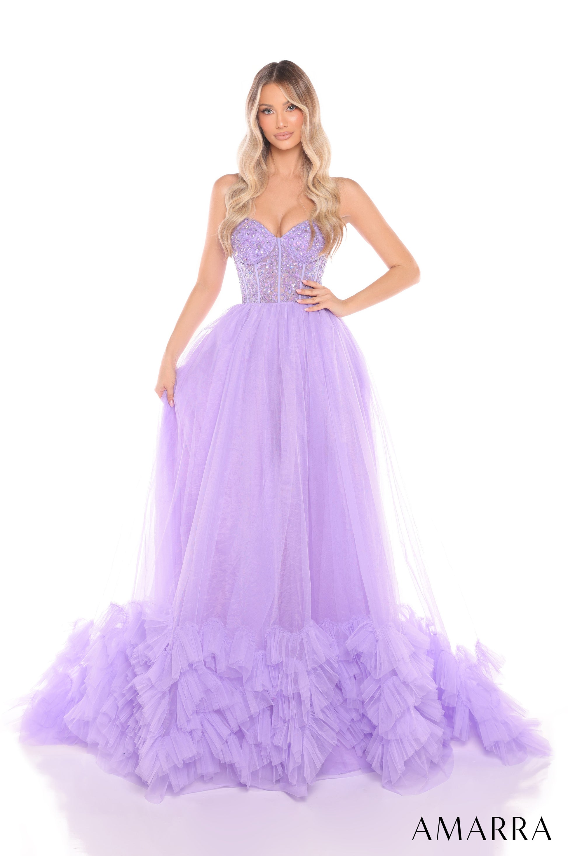 Expertly crafted with a sheer beaded corset, this Amarra 88339 prom dress offers impeccable style and elegance. The layers of pleated tulle create a striking ballgown silhouette that is sure to turn heads. Perfect for pageants or special occasions, this dress is a must-have for any fashion-forward individual.

Sizes: 000-16

Colors: Hot Pink,&nbsp;Light Blue,&nbsp;Light Pink,&nbsp;Lilac,&nbsp;Nude/Gold,&nbsp;Red