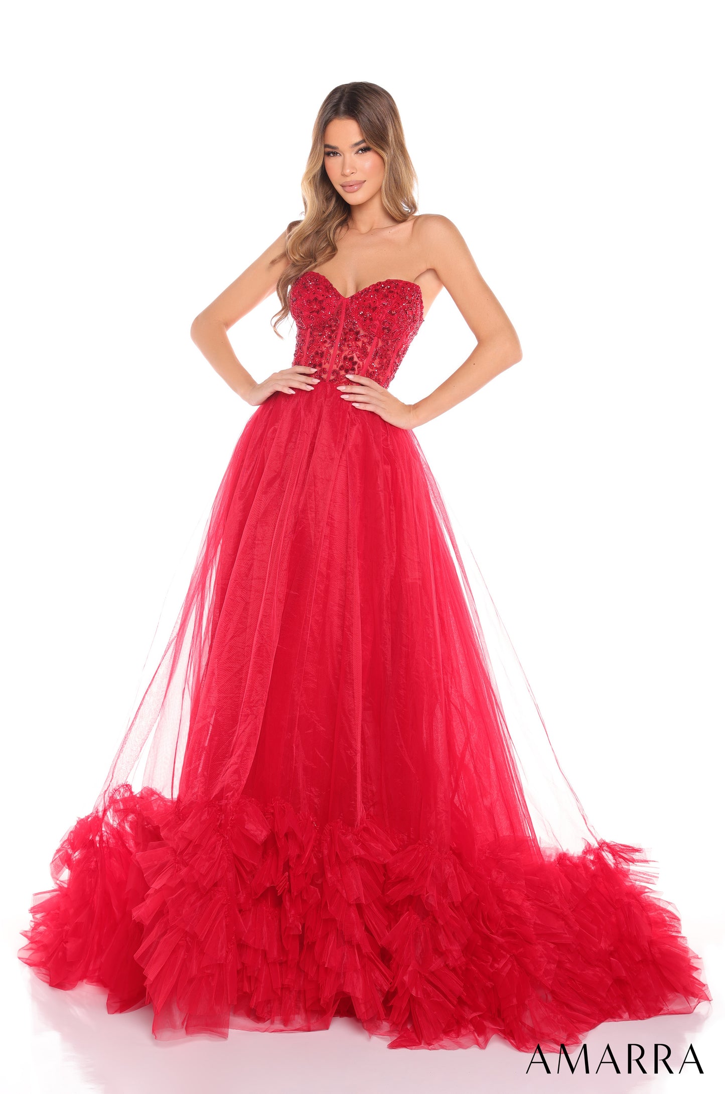 Expertly crafted with a sheer beaded corset, this Amarra 88339 prom dress offers impeccable style and elegance. The layers of pleated tulle create a striking ballgown silhouette that is sure to turn heads. Perfect for pageants or special occasions, this dress is a must-have for any fashion-forward individual.

Sizes: 000-16

Colors: Hot Pink,&nbsp;Light Blue,&nbsp;Light Pink,&nbsp;Lilac,&nbsp;Nude/Gold,&nbsp;Red