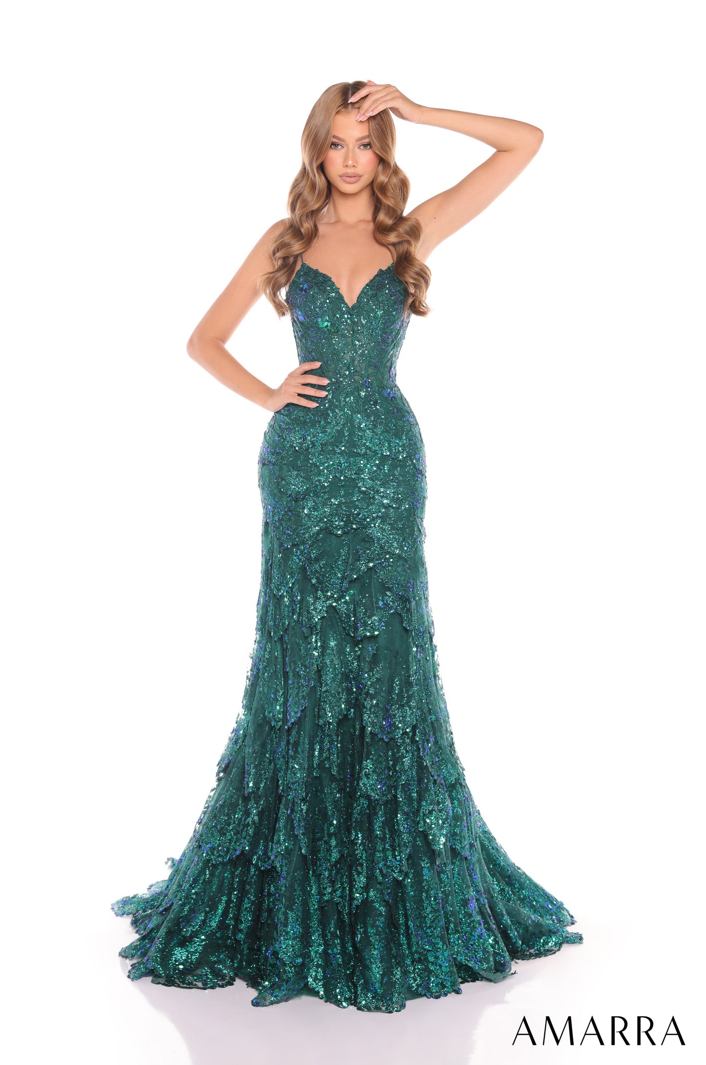 Expertly crafted for a stunning silhouette, the Amarra 88378 Sheer Corset Sequin Lace Mermaid Prom Dress will make you stand out at any pageant or prom. The sheer corset bodice is adorned with sequin lace, while the layered mermaid skirt adds drama and elegance.

Sizes: 000-16

Colors: Emerald,&nbsp;Fuchsia,&nbsp;Light Blue,&nbsp;Orange,&nbsp;Periwinkle