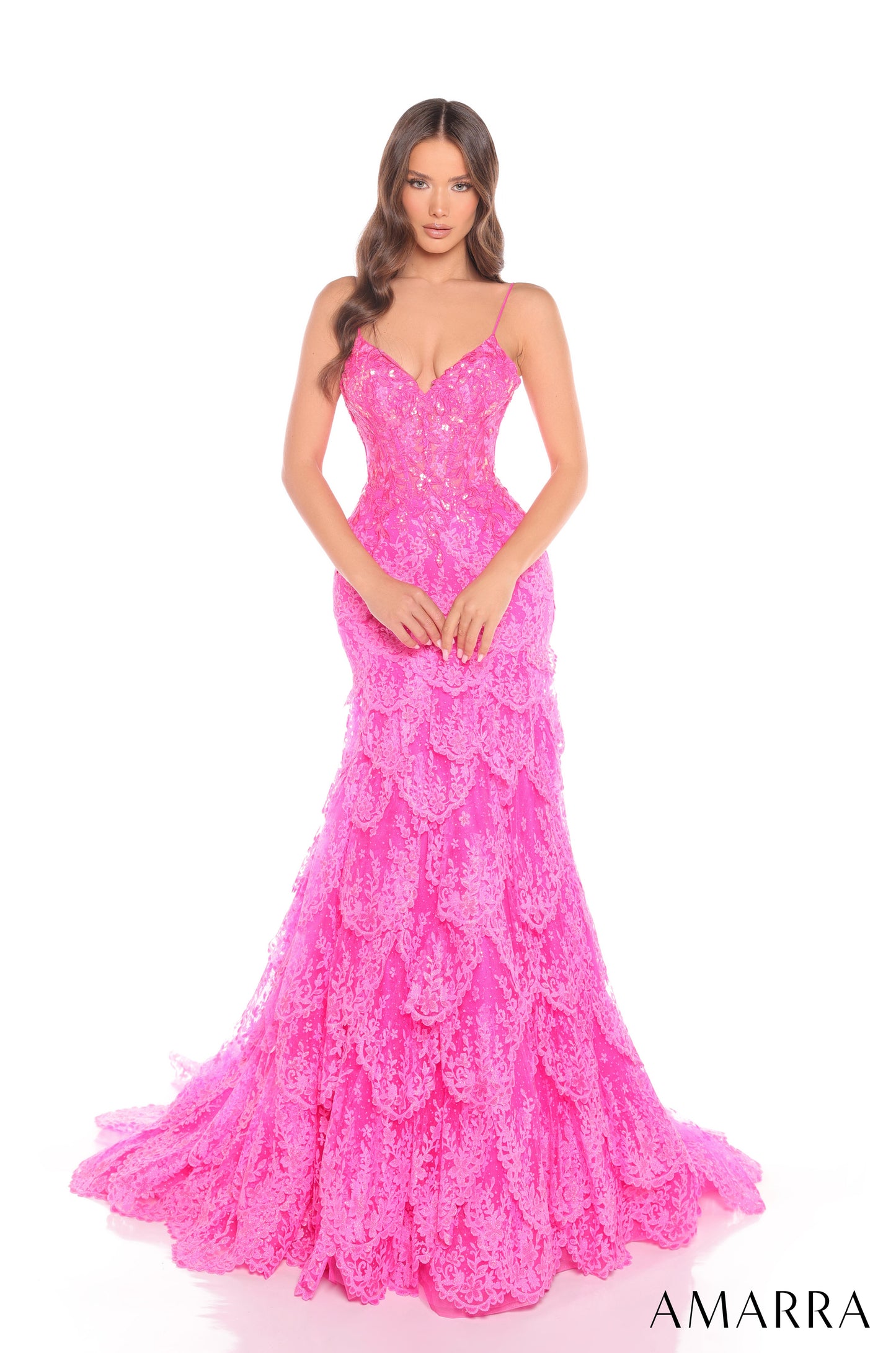 Expertly crafted for a stunning silhouette, the Amarra 88378 Sheer Corset Sequin Lace Mermaid Prom Dress will make you stand out at any pageant or prom. The sheer corset bodice is adorned with sequin lace, while the layered mermaid skirt adds drama and elegance.

Sizes: 000-16

Colors: Emerald,&nbsp;Fuchsia,&nbsp;Light Blue,&nbsp;Orange,&nbsp;Periwinkle