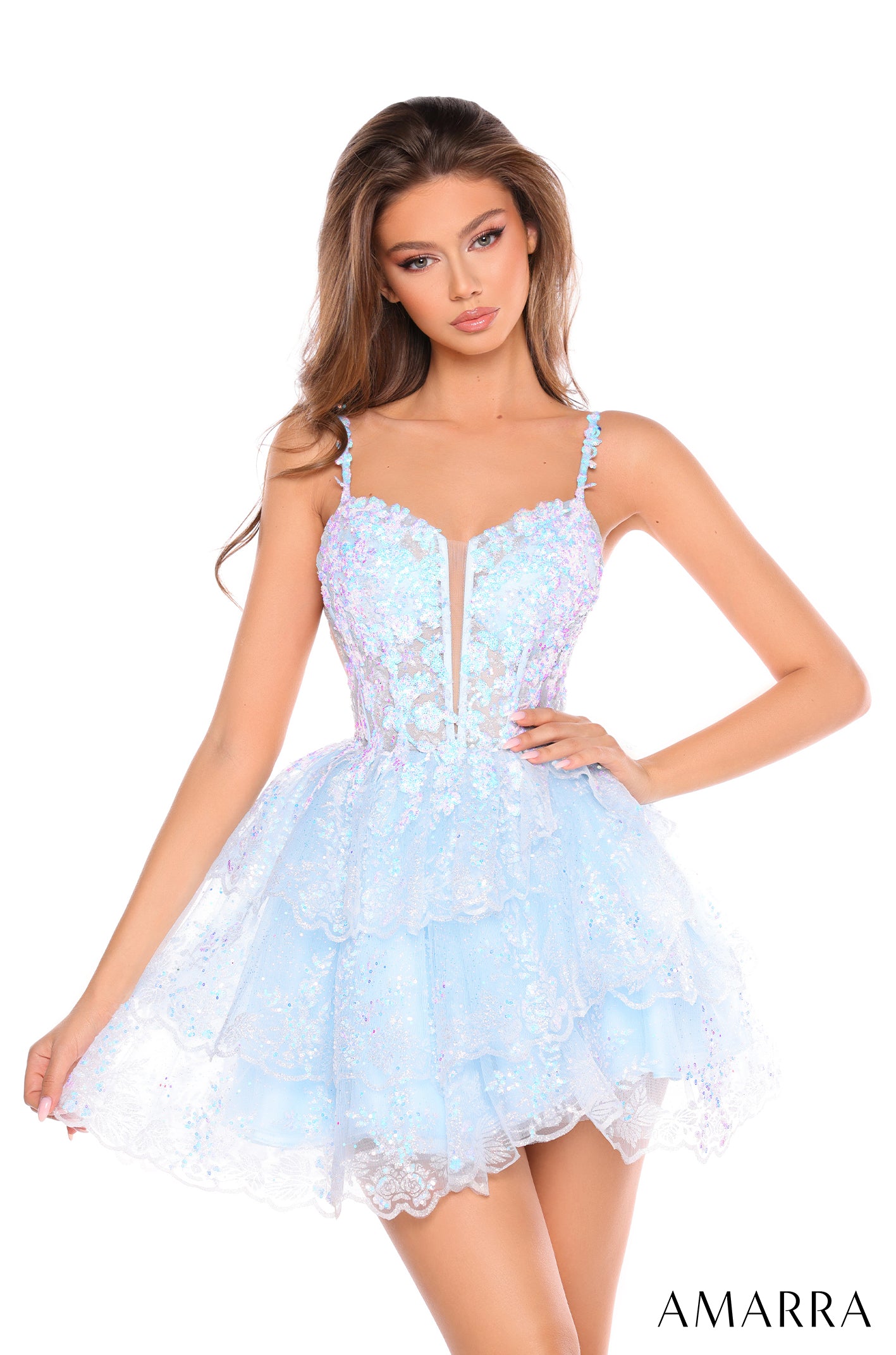 Be Ready to Shine in the Amarra 88705! This short, sassy corset dress features a dazzling array of sequins and a chic asymmetrical ruffle hem that will have everyone drooling. With its luxurious lace and v-neck cut, this show-stopping gown is perfect for homecoming, prom and any night out on the town! Get your shine on, girl!