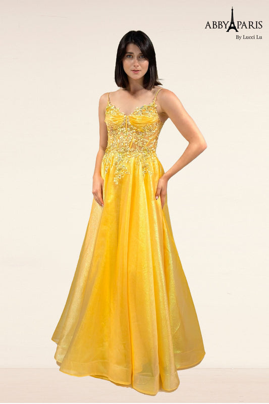 Abby Paris 90290 Size 8 Yellow Sheer Sequin Lace Corset Prom Dress Metallic A Line Formal Gown