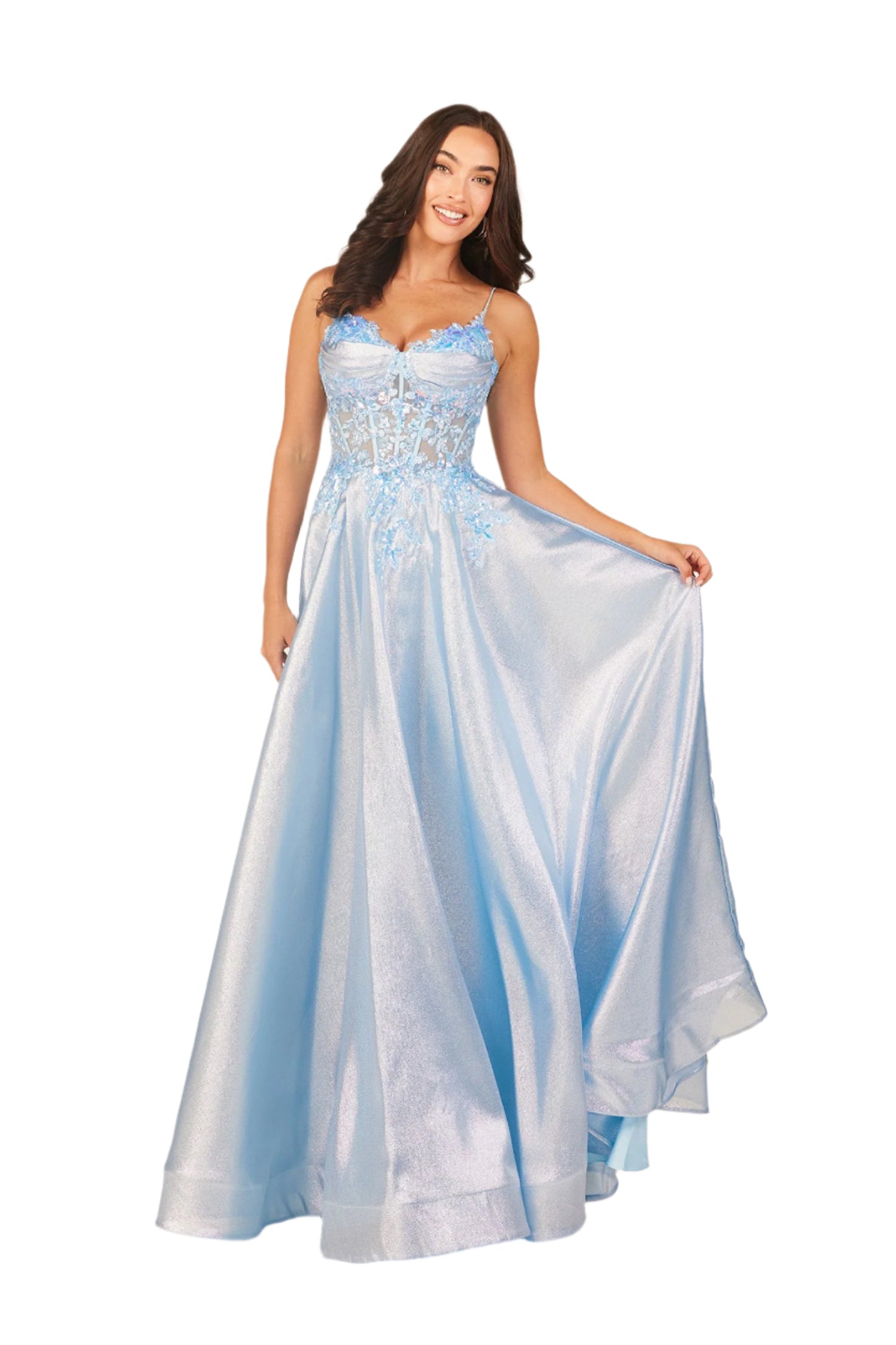 Embody elegance in the Abby Paris 90290 prom dress. Featuring a sheer sequin lace corset and metallic A-line skirt, this formal gown is perfect for special occasions. With its intricate lace detailing and flattering silhouette, you'll be sure to make a statement at your next event.

Sizes: 2-18

Colors: Blue&nbsp;