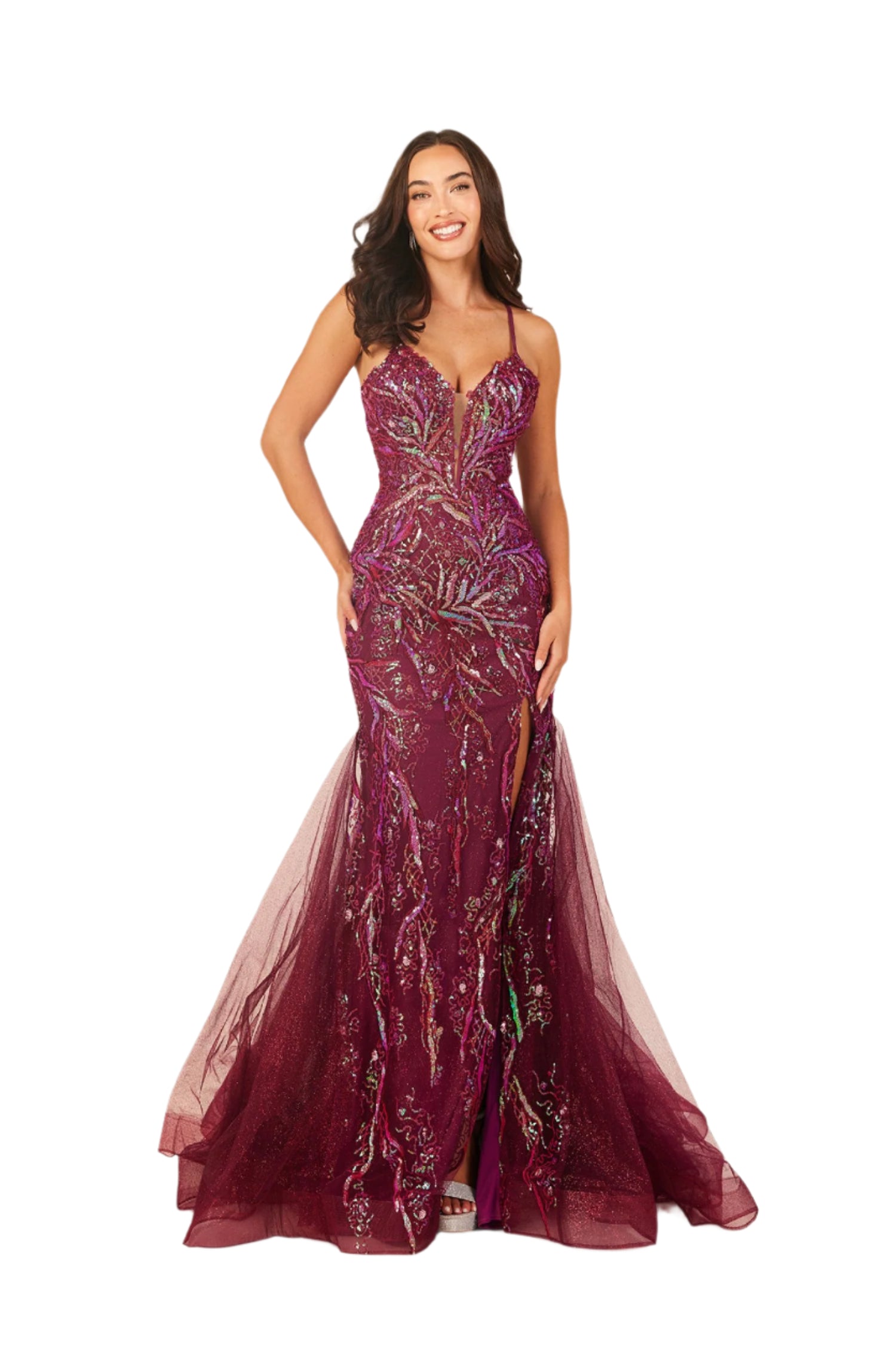 This Abby Paris 90332 dress features a sequin corset top and a mermaid slit skirt, creating a stunning look for prom, formal events, or evenings out. The v-neckline adds a touch of elegance, while the figure-hugging design accentuates your natural curves. Stand out in style with this eye-catching dress.

Sizes: 0-12

Colors: Magenta, Pink