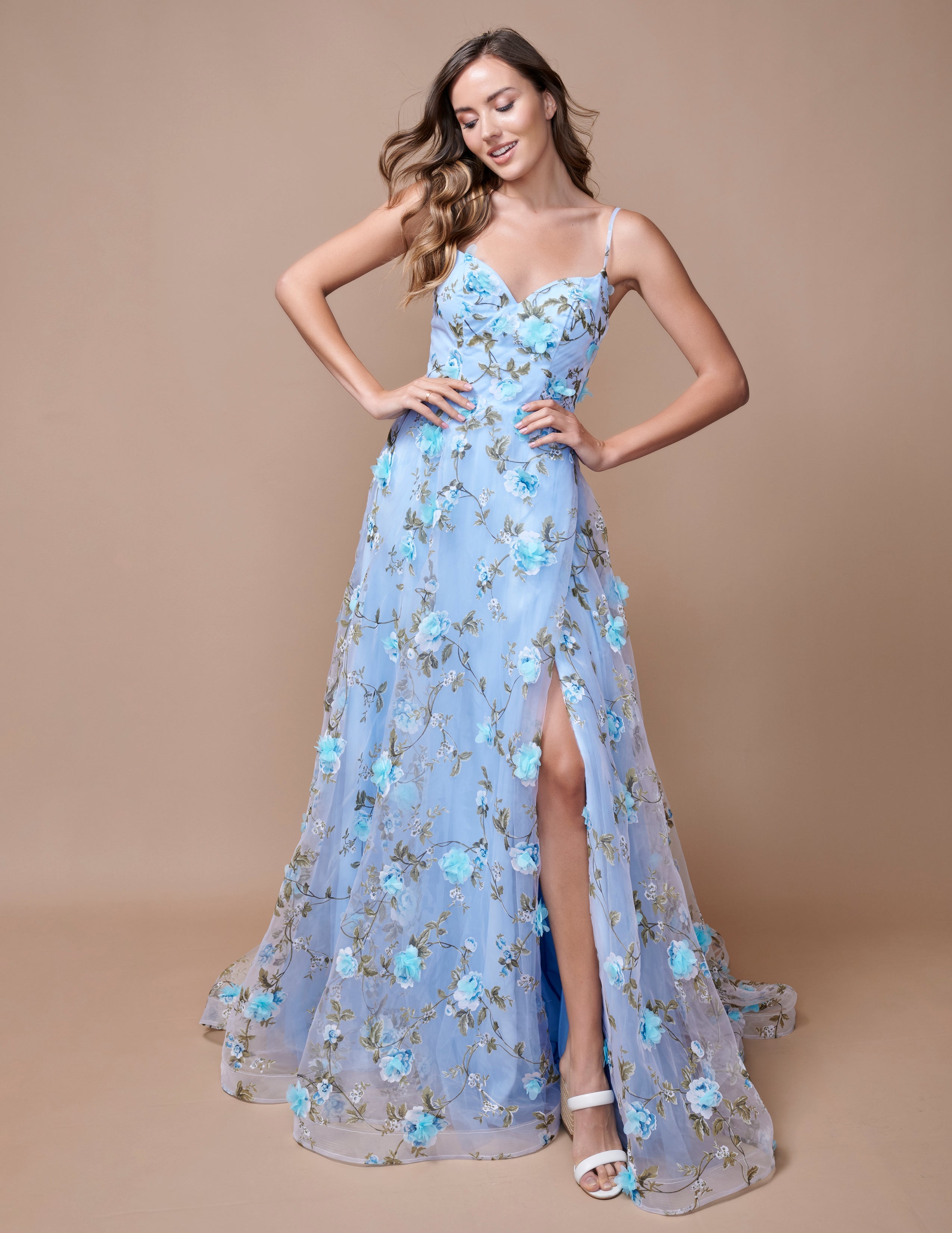 2-piece cheapest blue floral print prom dress