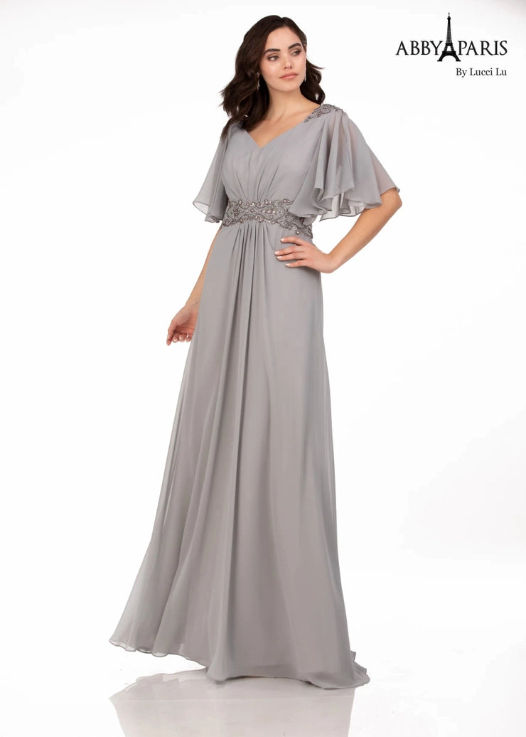 Abby Paris 986002W A-Line Pleated Crystal Detail Drape Sleeves V-Neck ...