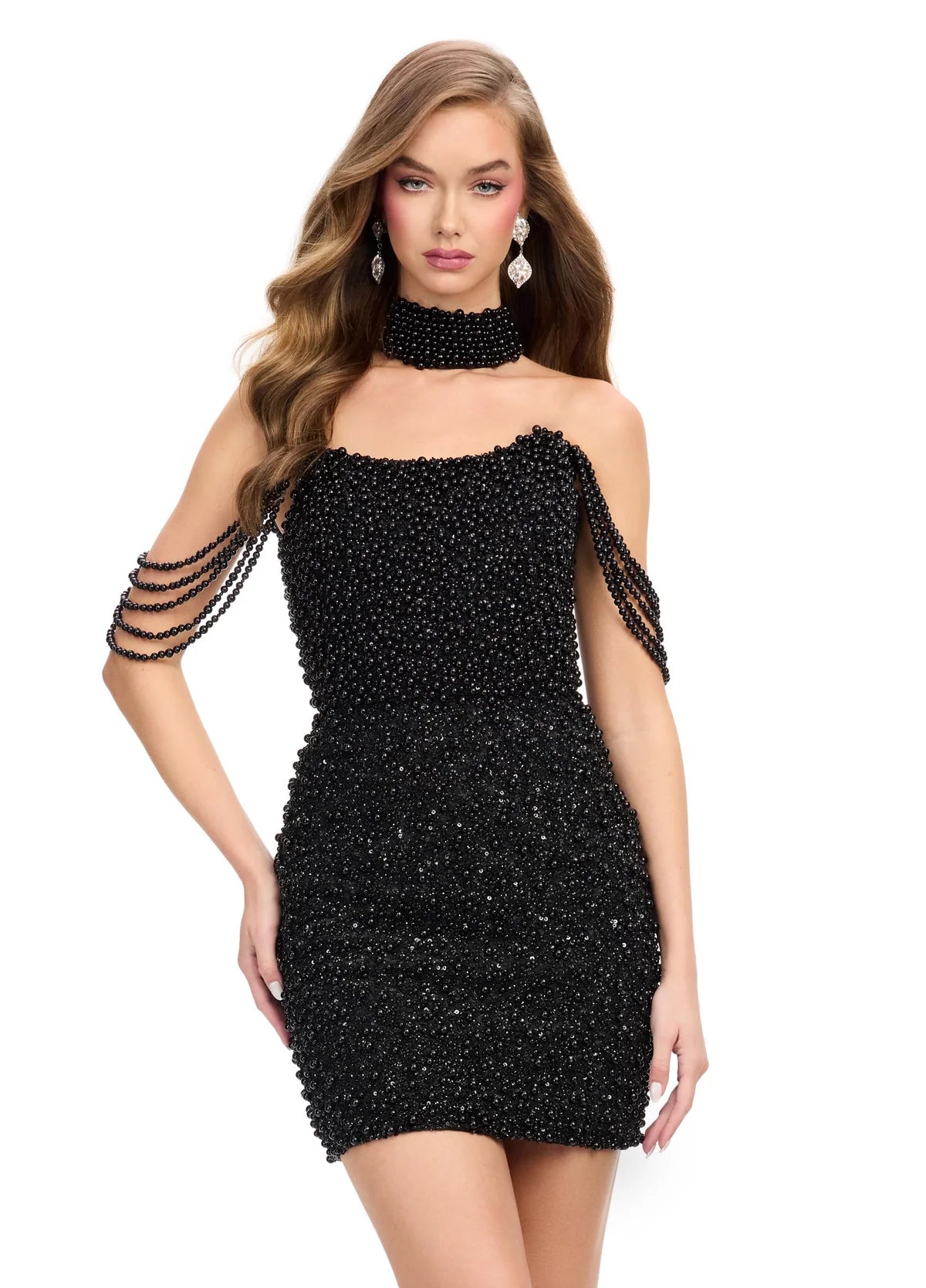 ASHLEYlauren 4758 red beaded cocktail dress pearls crystal off the shoulder choker fitted