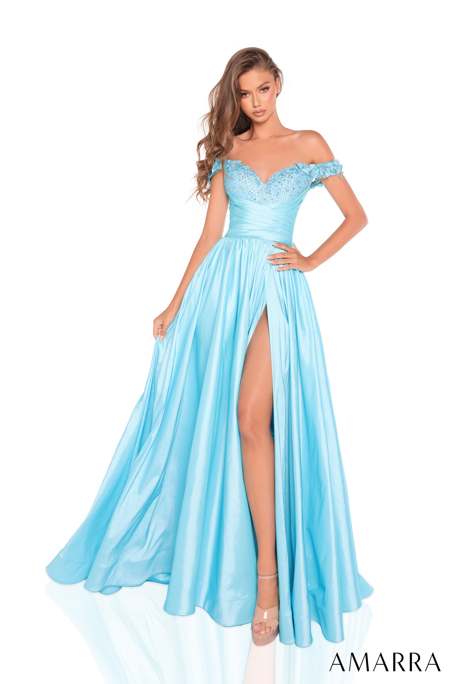 Amarra 88213 off the shoulder prom dress ballgown corset ruching 3D flowers A line Evening Gown