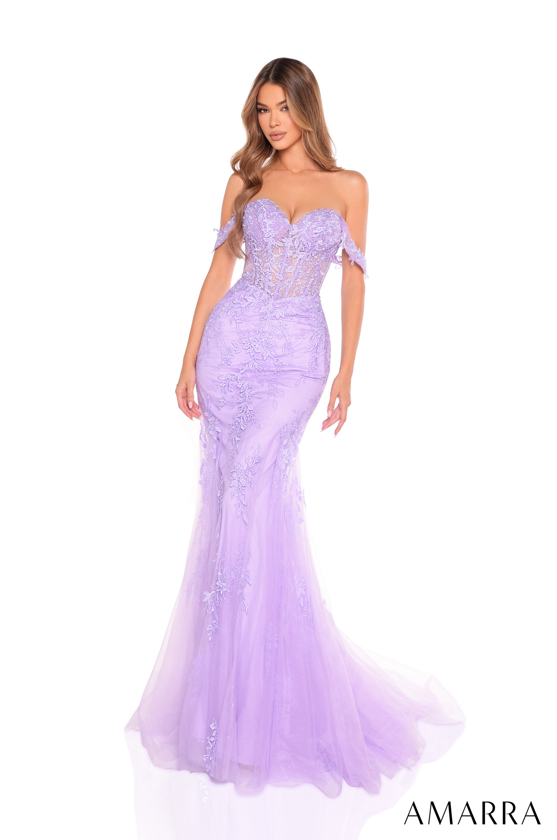 Amarra 88224 Lace Mermaid Prom Dress Sheer Corset Bodice Fit and Flare Evening Gown