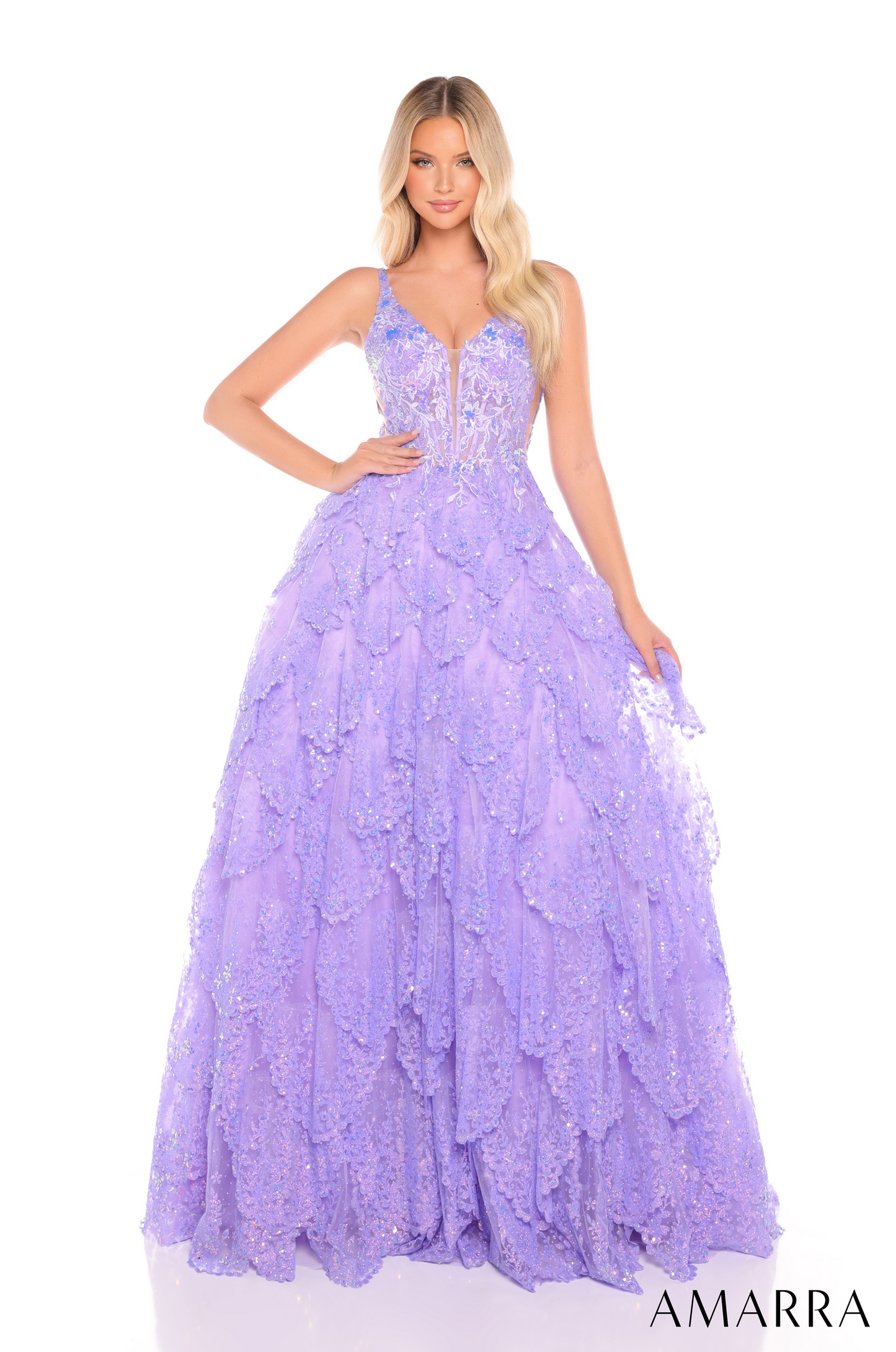 Amarra 88265 Floral A Line Prom Dress Ruffle Skirt Glitter Tulle