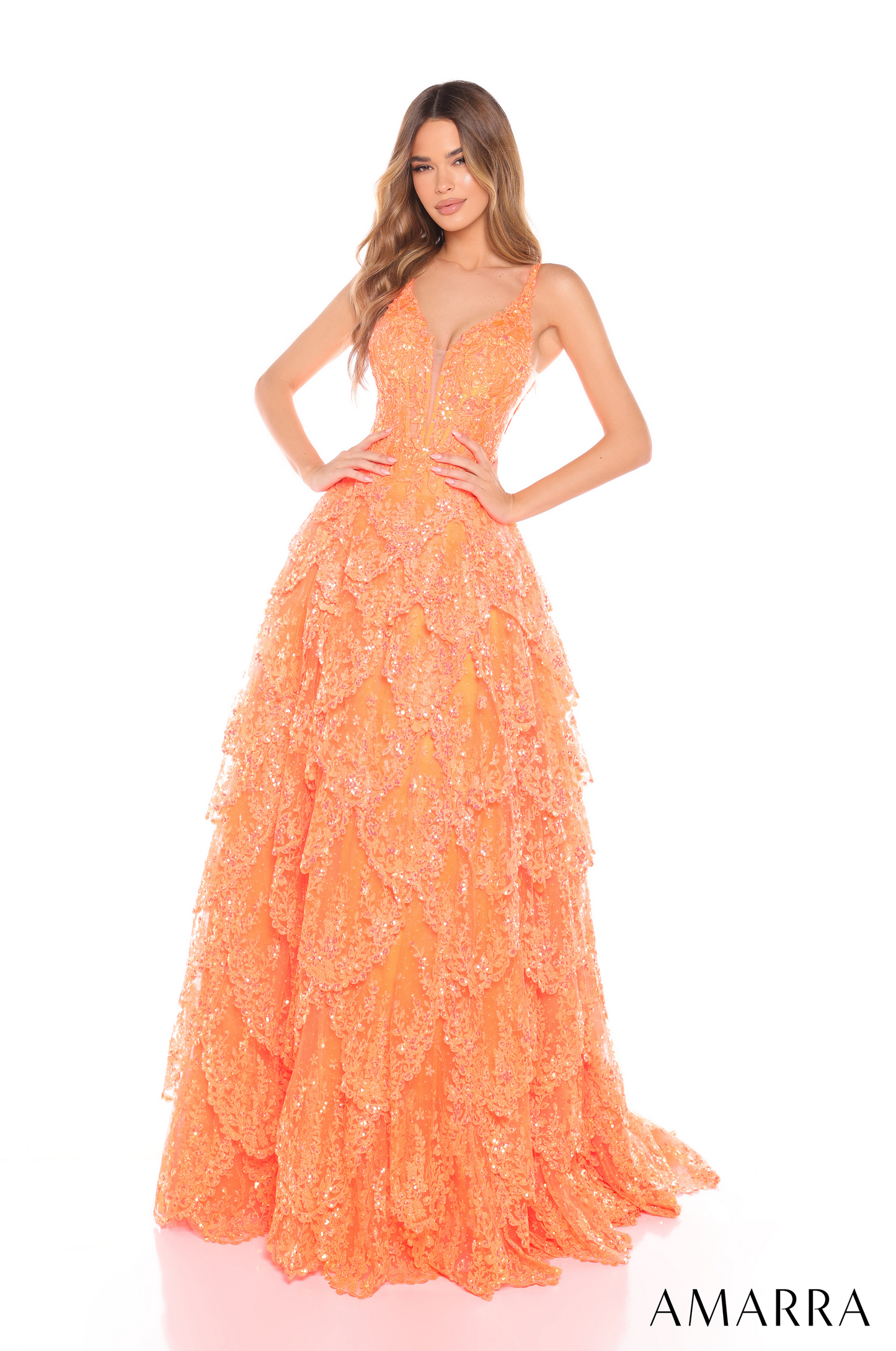 Amarra 88265 Floral A Line Prom Dress Ruffle Skirt Glitter Tulle