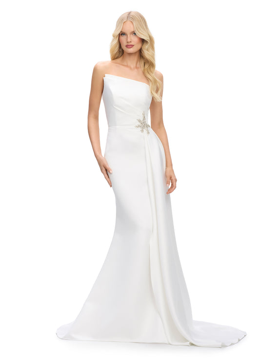 Ashley Lauren 11700 Asymetrical Neckline Evening Gown Satin Ruched Embellished Waist Leading to Flowy Side Train