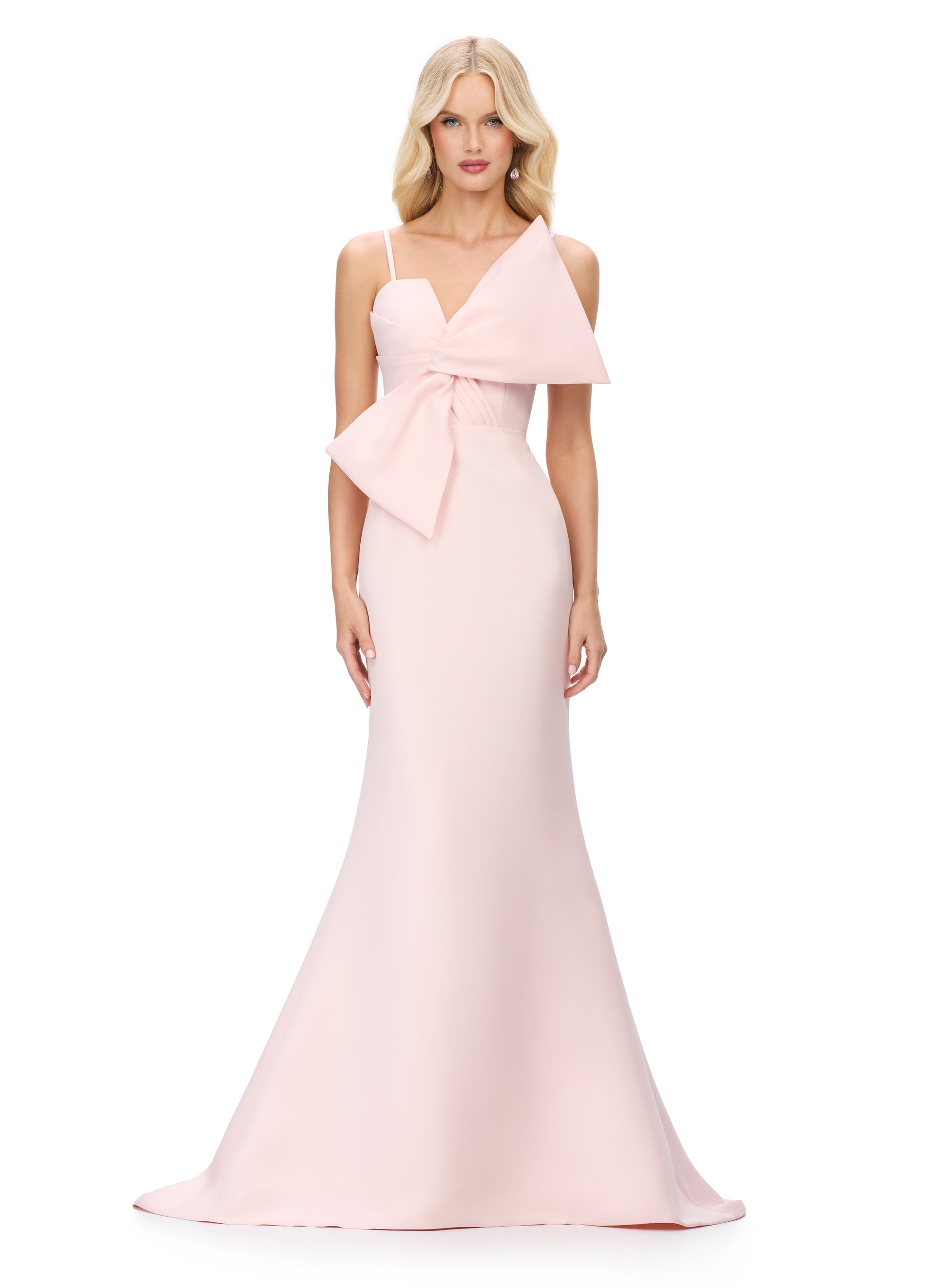 This Ashley Lauren 11702 evening gown boasts a striking large bow, spaghetti straps, and a flattering fit and flare silhouette. The bow bodice adds a touch of elegance, while the V neckline highlights your décolletage. Perfect for formal events and special occasions, this gown is sure to turn heads.