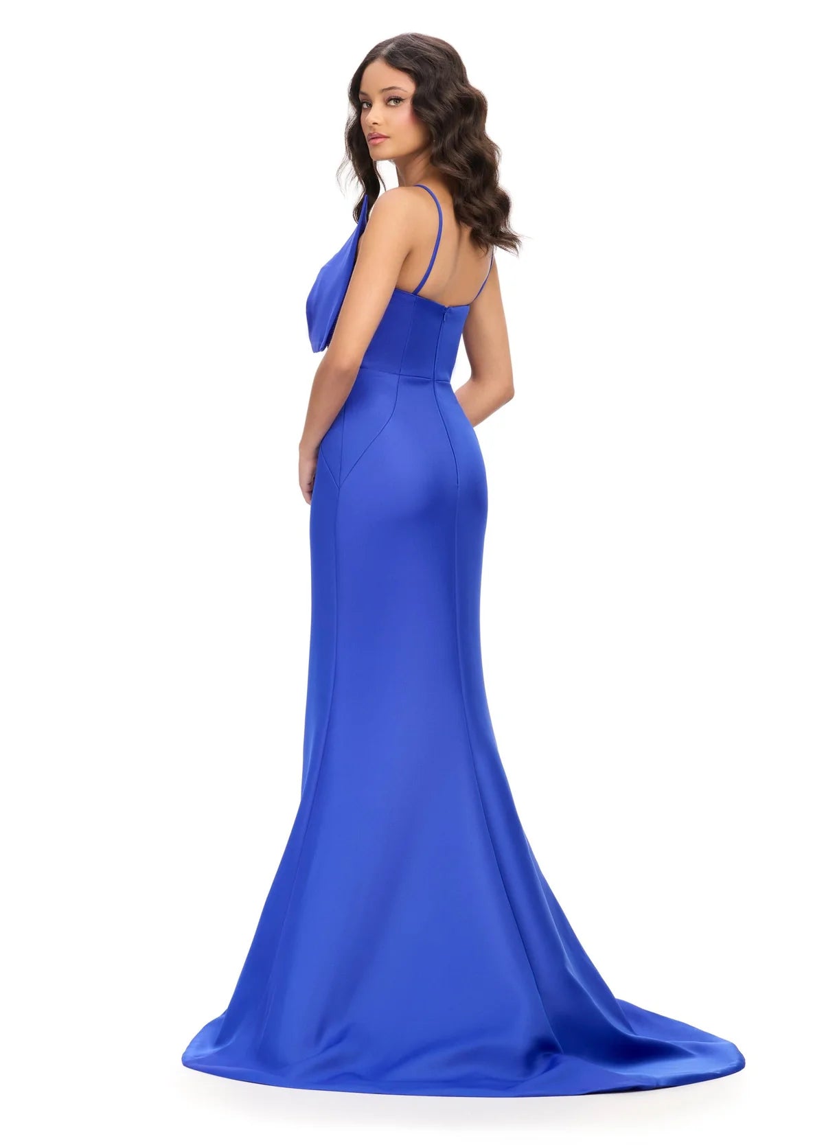 Ashley Lauren 11702 Royal Blue Evening Gown Bow bodice satin spaghetti straps mermaid dress