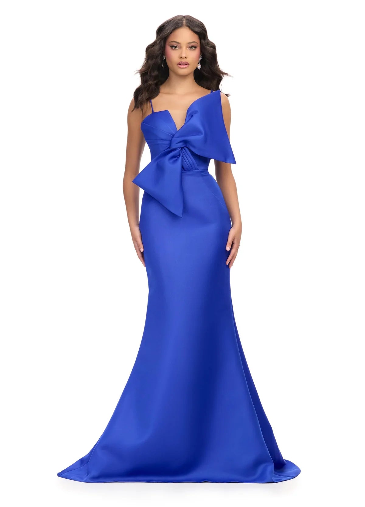 Ashley Lauren 11702 Royal Blue Evening Gown Bow bodice satin spaghetti straps mermaid dress