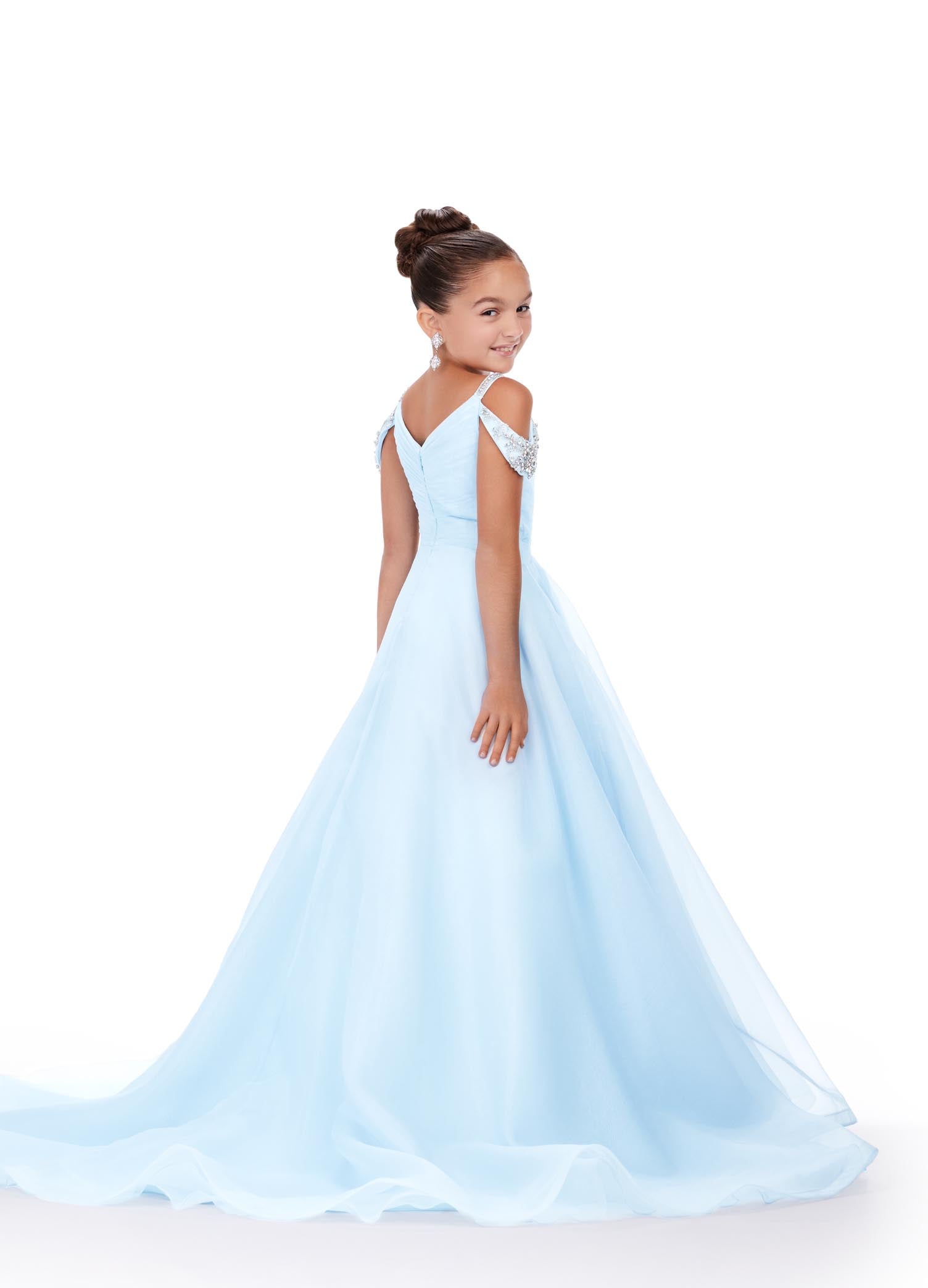 Ashley Lauren Kids 8213 Girls Pageant Dress.  A dress straight out of a fairytale! This organza ball gown features a V-Neckline and off shoulder beaded straps. The beadwork cascades down the dress giving major princess vibes! V-Neckline Off Shoulder Straps Crystal Details Ball Gown Black, Orchid, Sky