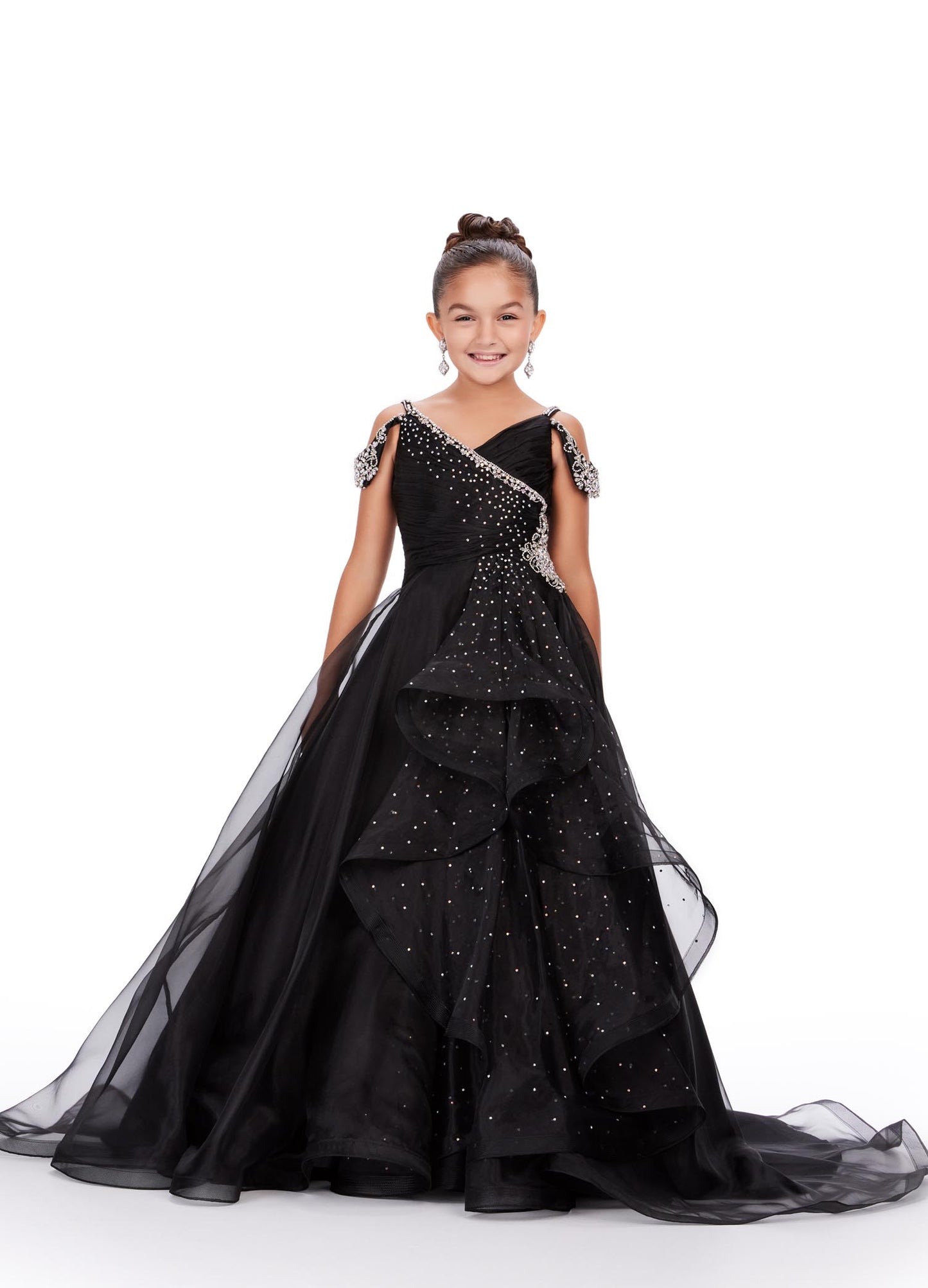 Ashley Lauren Kids 8213 Girls Pageant Dress.  A dress straight out of a fairytale! This organza ball gown features a V-Neckline and off shoulder beaded straps. The beadwork cascades down the dress giving major princess vibes! V-Neckline Off Shoulder Straps Crystal Details Ball Gown Black, Orchid, Sky