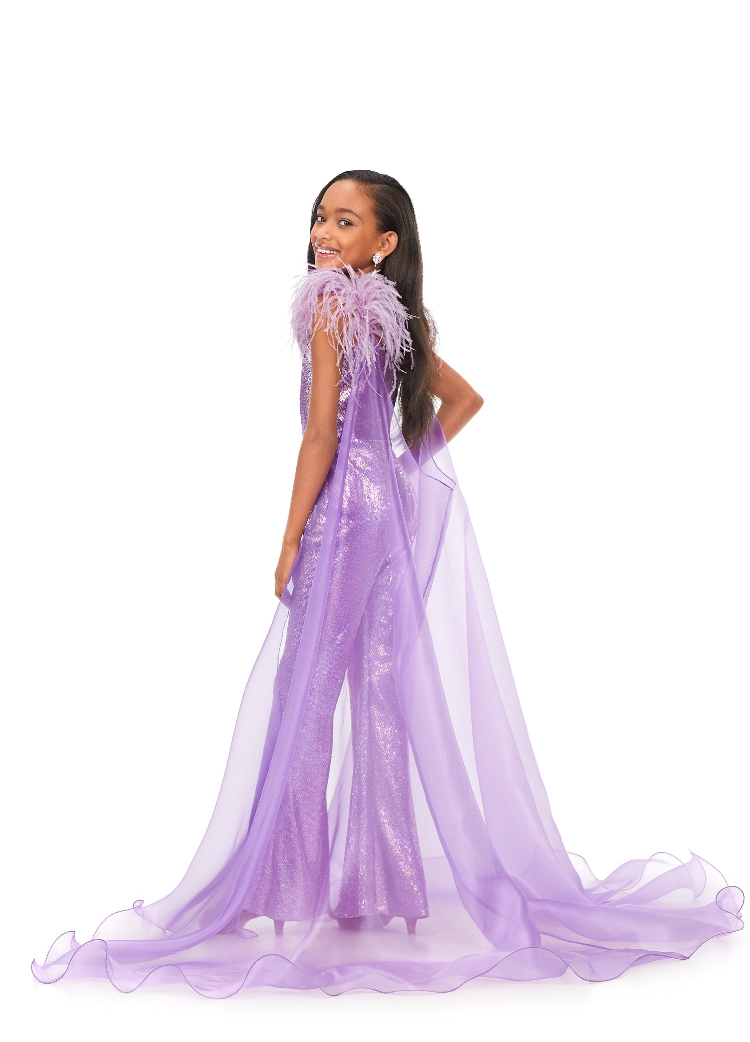 in Stock Ashley Lauren Kids 8174 Size 4,8,10,12,14 Orchid Girls Sequin Jumpsuit Cape Pageant Fun Fashion 14 / Orchid