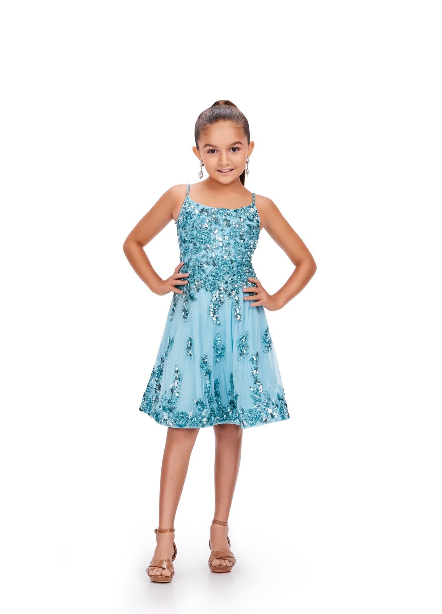 Ashley Lauren Kids 8228 Fully Beaded A-Line Open Cross Back Spaghetti Strap  Lace Cocktail Dress