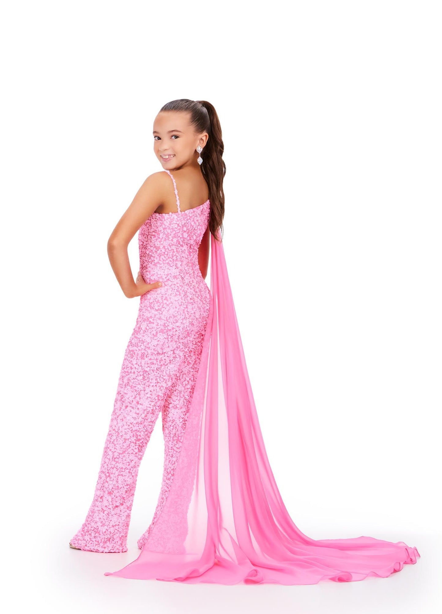 Ashley Lauren Kids 8191 Size 6 Coral Girls Beaded Jumpsuit cape Sequin One Shoulder Pageant Wear