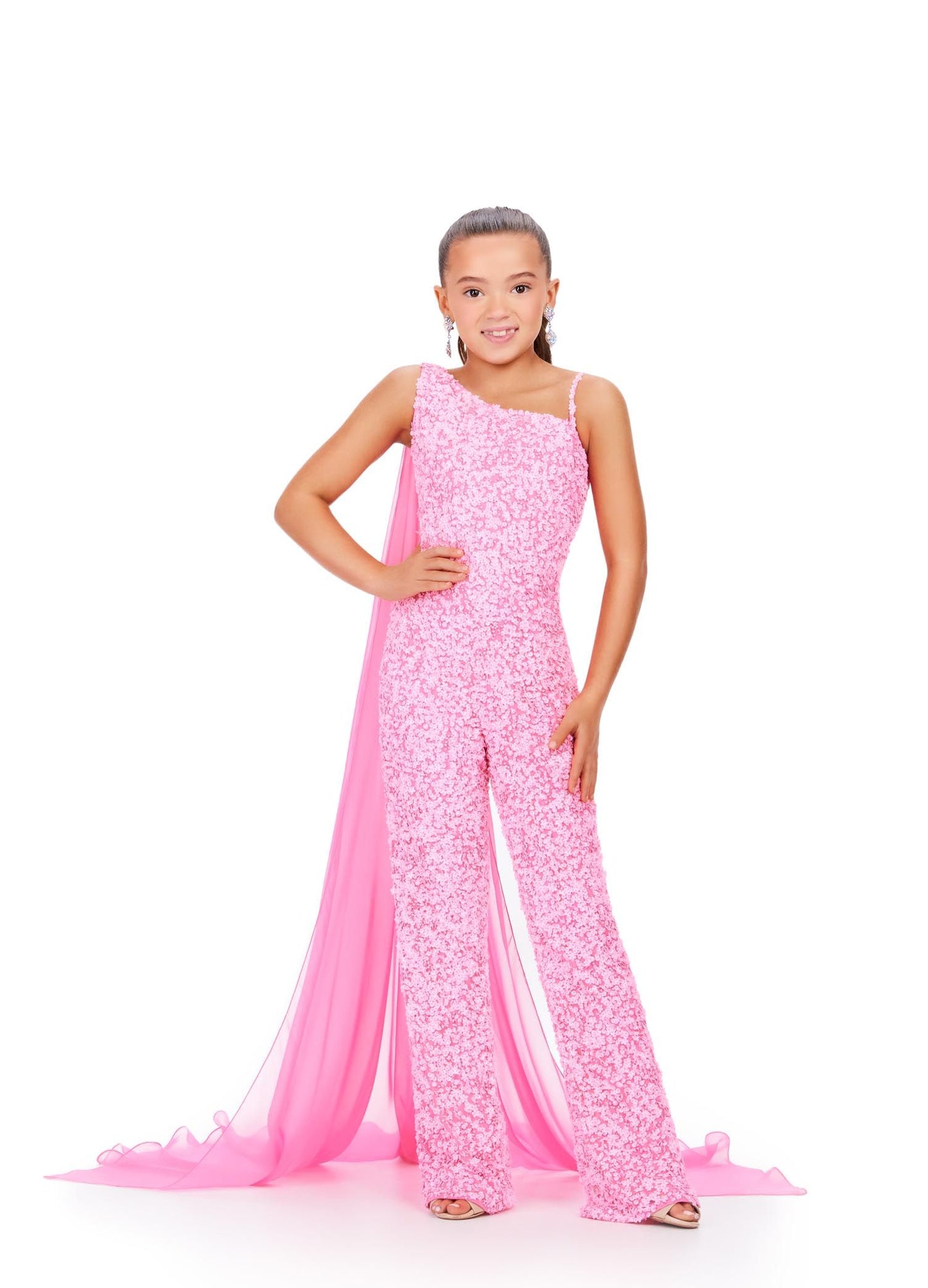 Ashley Lauren Kids 8191 Size 6 Coral Girls Beaded Jumpsuit cape Sequin One Shoulder Pageant Wear