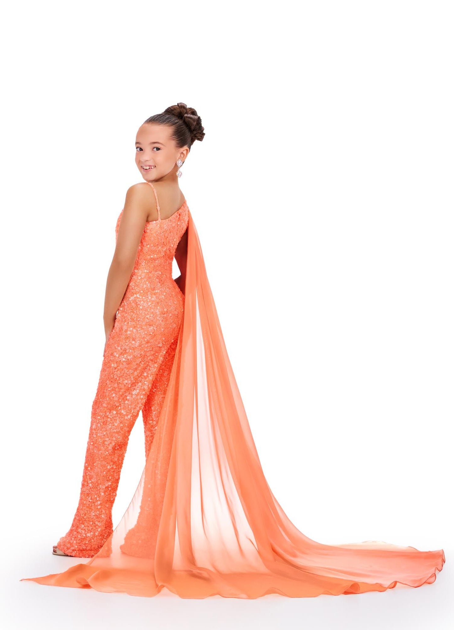 Ashley Lauren Kids 8191 Size 6 Coral Girls Beaded Jumpsuit cape Sequin One Shoulder Pageant Wear