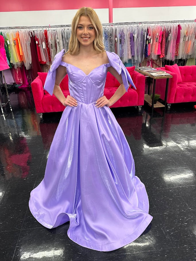 Ashley Lauren 11871 Size 2 Lilac Long Bow off the shoulder Dress Corset A Line Pageant Gown Pockets