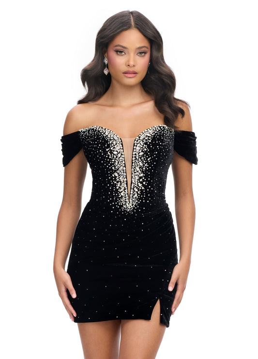 Turn heads in the Ashley Lauren 4711 Velvet Cocktail Dress. The off-shoulder design and crystal plunging neckline add a touch of glamorous charm to this stunning dress. Perfect for any special occasion, this dress is sure to make you stand out in the crowd. Cheers to unforgettable style!