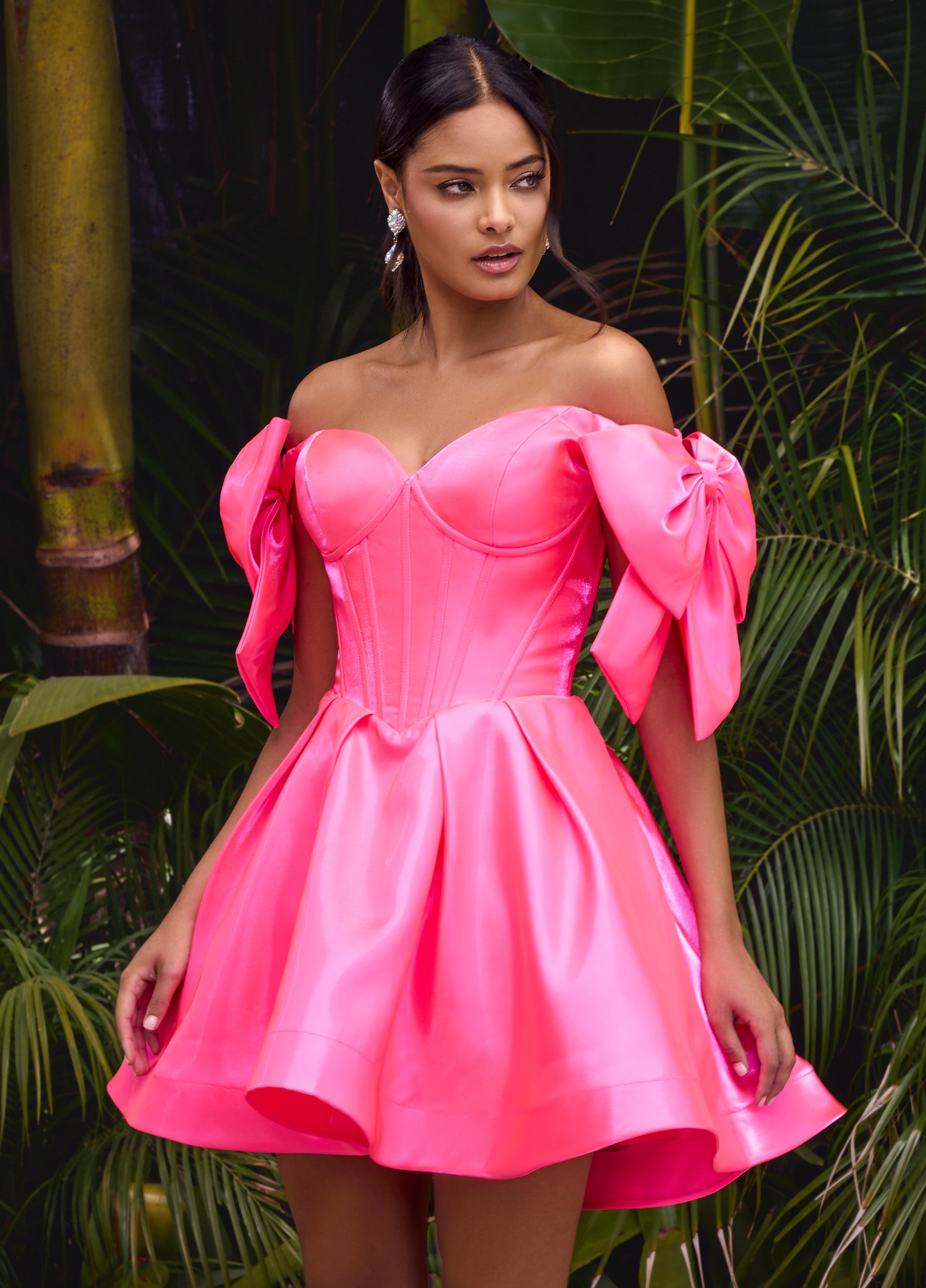 Ashley Lauren 4788 Size 0 2 4 8 Hot Pink Corset Bodice Cocktail Dress Off the Shoulder Bow Straps A line Short Skirt