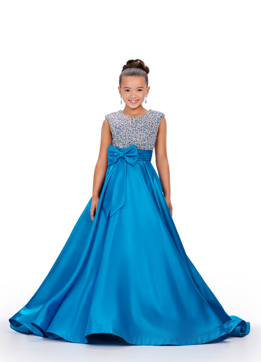 Ashley Lauren 8247 Peacock Girls Satin Pageant Dress Ballgown Crystal Encrusted Bodice Bow