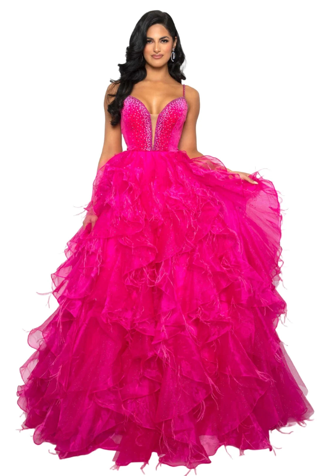 Experience glamour and sophistication in the Ava Presley 39554 Feather Velvet Dress. With its A-line silhouette, ruffle &amp; Feather ballgown with Rhinestone details, V-neckline, and luxurious velvet Bodice with Crystal accents, this dress is perfect for formal events such as pageants and prom. Get ready to turn heads and make a statement in this elegant and timeless piece.