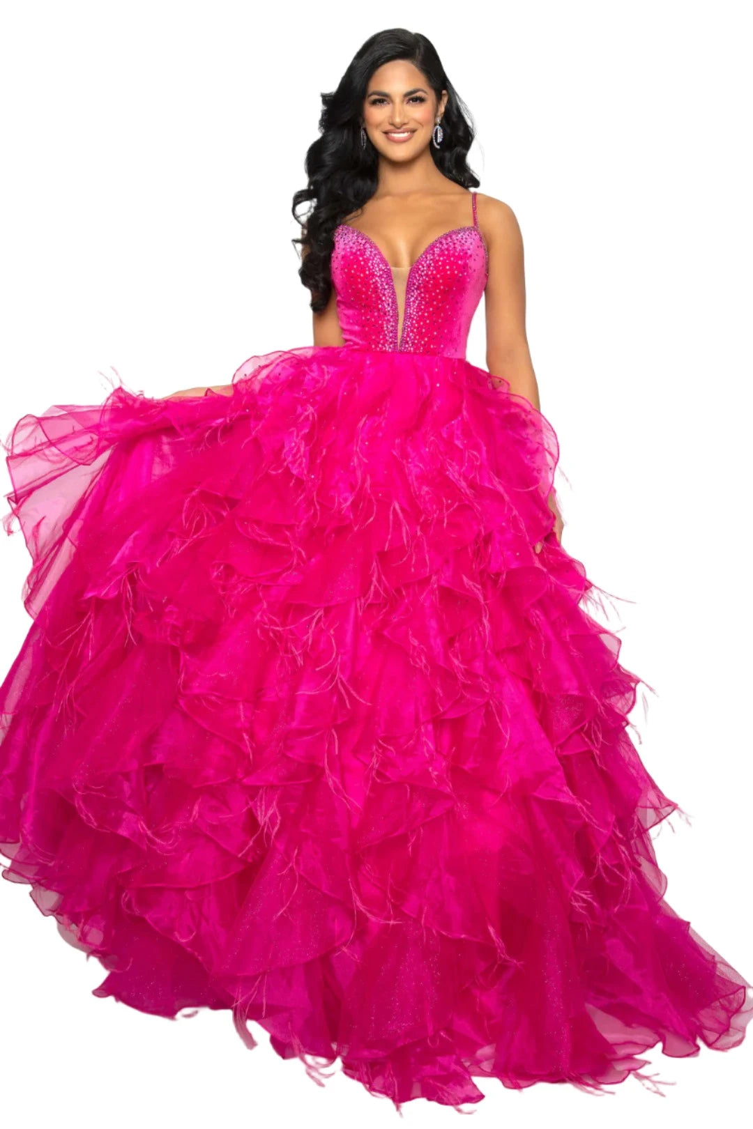 Experience glamour and sophistication in the Ava Presley 39554 Feather Velvet Dress. With its A-line silhouette, ruffle &amp; Feather ballgown with Rhinestone details, V-neckline, and luxurious velvet Bodice with Crystal accents, this dress is perfect for formal events such as pageants and prom. Get ready to turn heads and make a statement in this elegant and timeless piece.