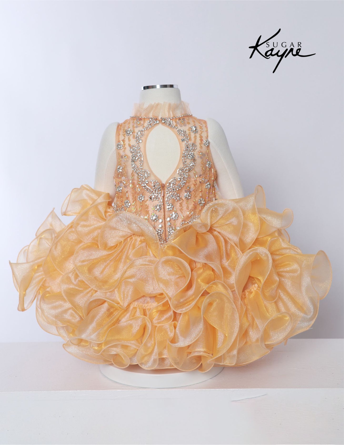 Sugar Kayne C231 Girls Pageant Cupcake Dress Hand Beaded Bodice Ruffle Trim High Neckline