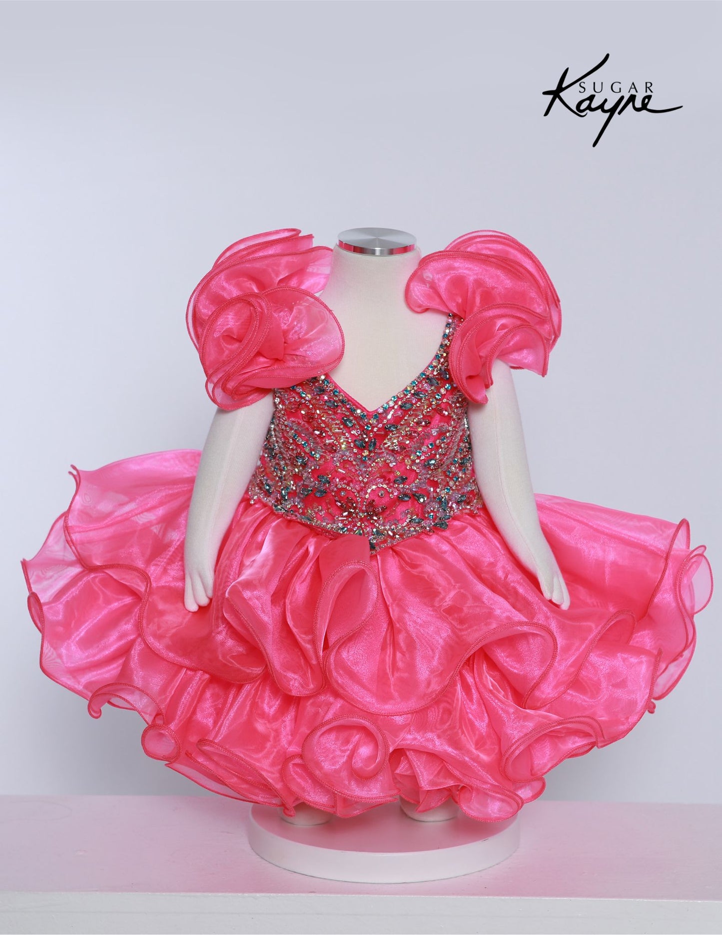 Sugar Kayne C232 Girls Pageant Cupcake Dress Crystal Bodice Sweetheart Neckline Ruffle Shoulders