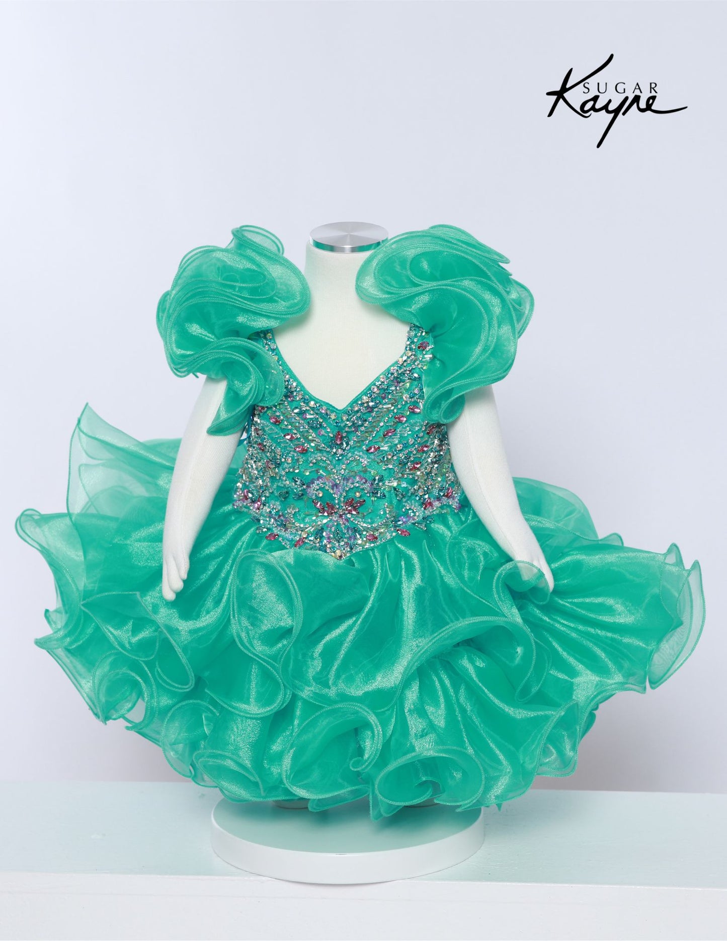 Sugar Kayne C232 Girls Pageant Cupcake Dress Crystal Bodice Sweetheart Neckline Ruffle Shoulders