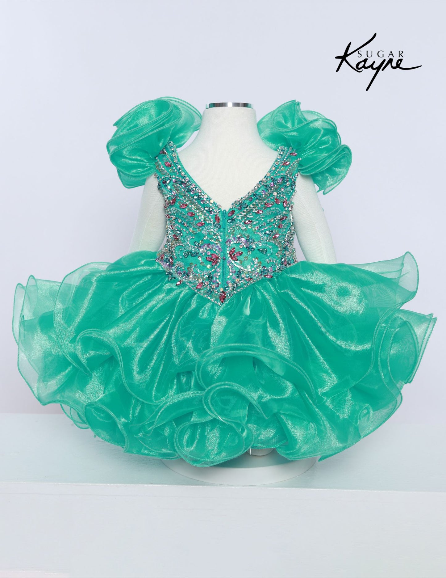 Sugar Kayne C232 Girls Pageant Cupcake Dress Crystal Bodice Sweetheart Neckline Ruffle Shoulders