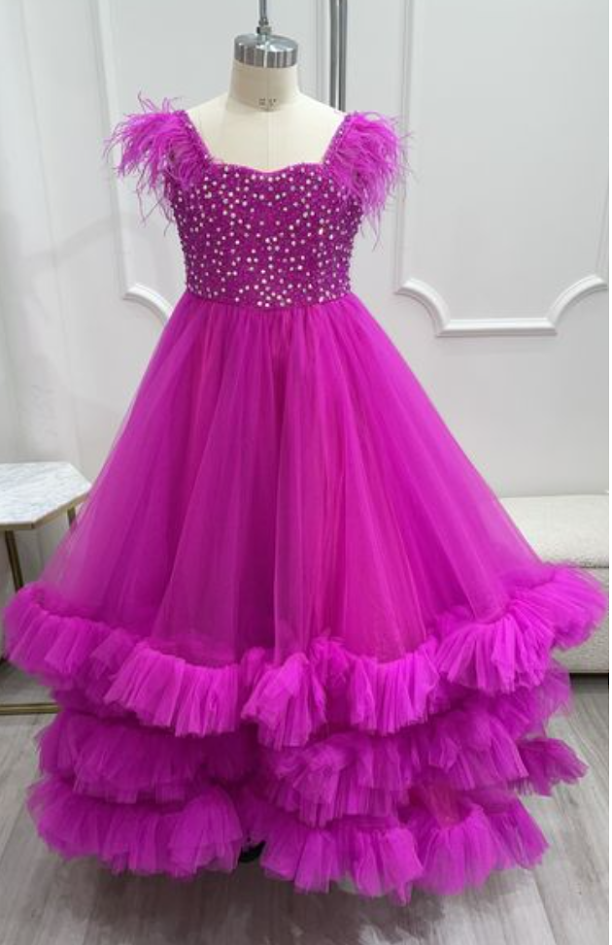 Sugar Kayne C327 Girls Preteens Pageant Dress Feather Straps Tiered Ruffle Bottom Crystal Stone Bodice