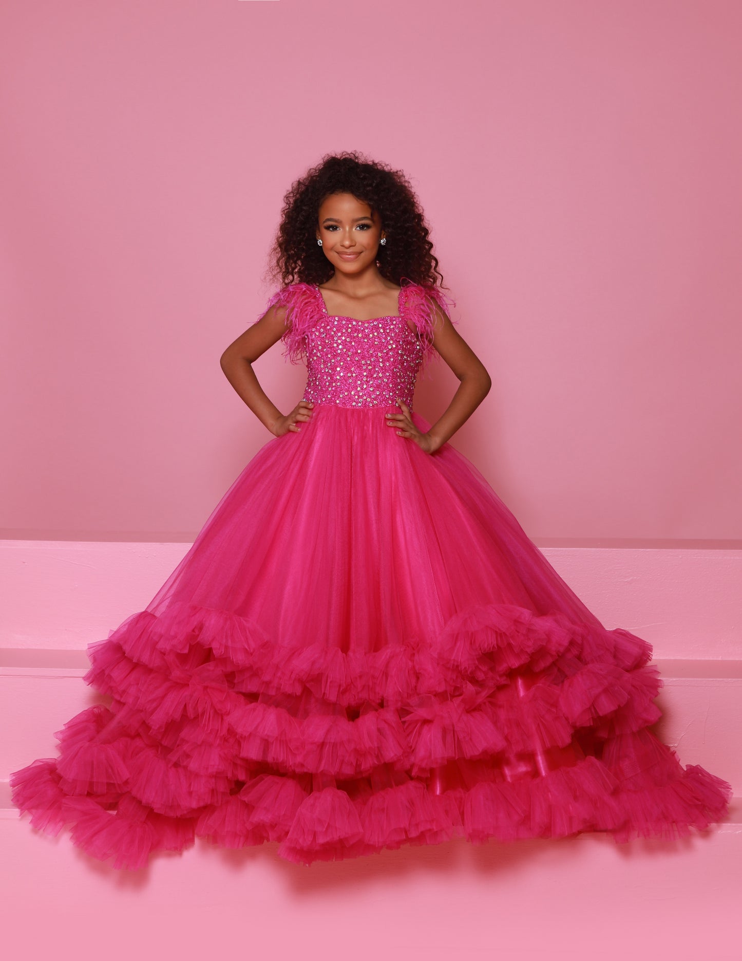 Sugar Kayne C327 Girls Preteens Pageant Dress Feather Straps Tiered Ruffle Bottom Crystal Stone Bodice