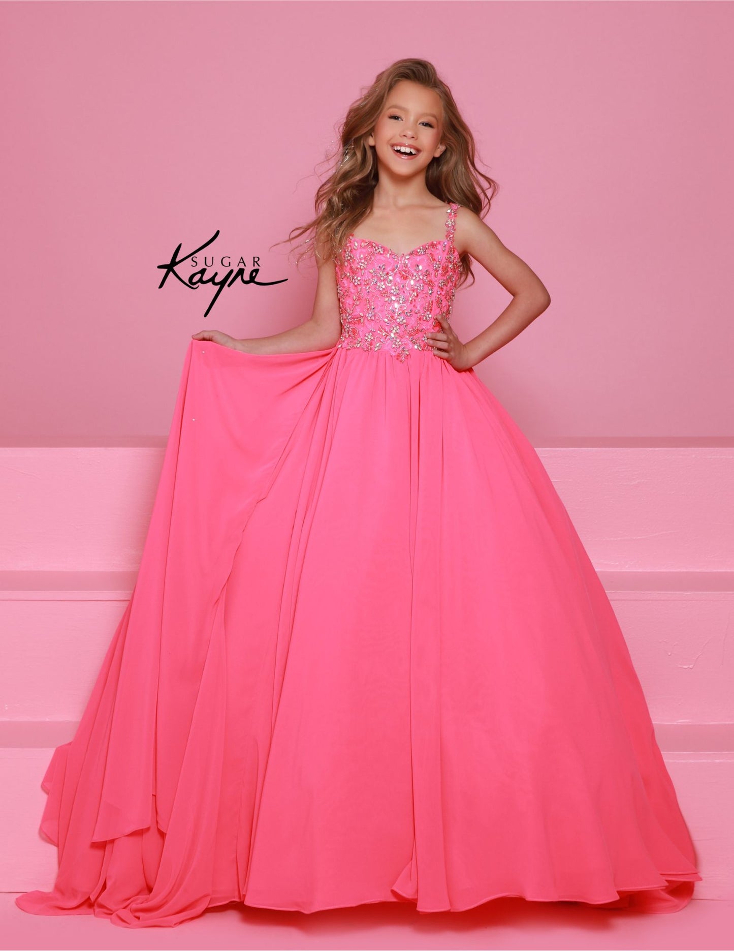 Sugar Kayne C368 Chiffon Cape Girls Pageant Dress Crystal Sequin Bodice Ballgown Teen Preteen Gown