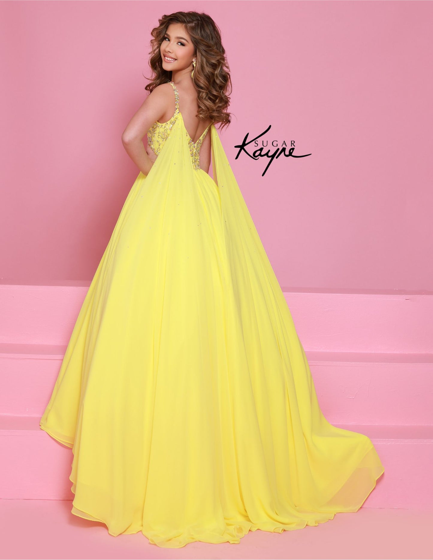 Sugar Kayne C368 Chiffon Cape Girls Pageant Dress Crystal Sequin Bodice Ballgown Teen Preteen Gown