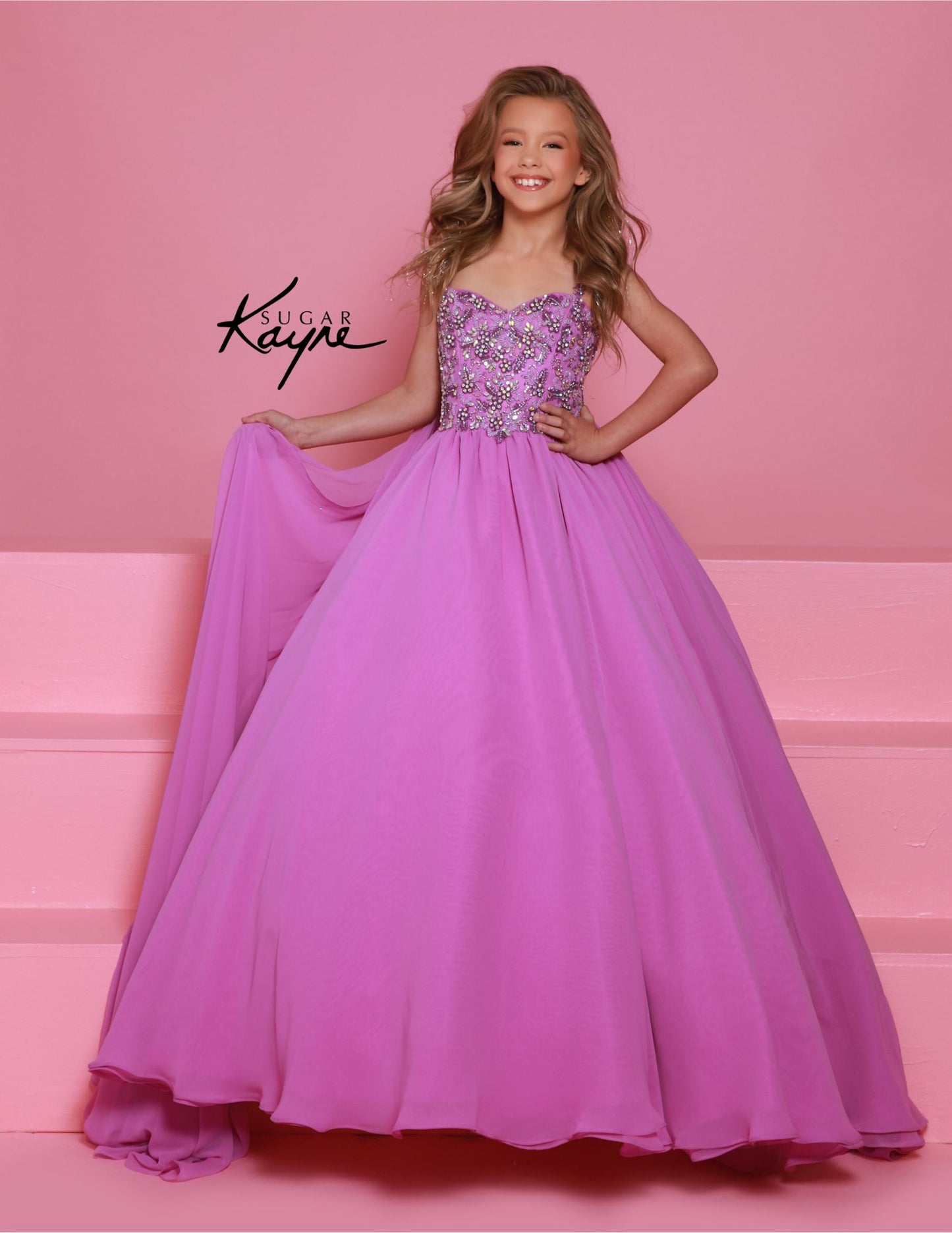 Sugar Kayne C368 Chiffon Cape Girls Pageant Dress Crystal Sequin Bodice Ballgown Teen Preteen Gown